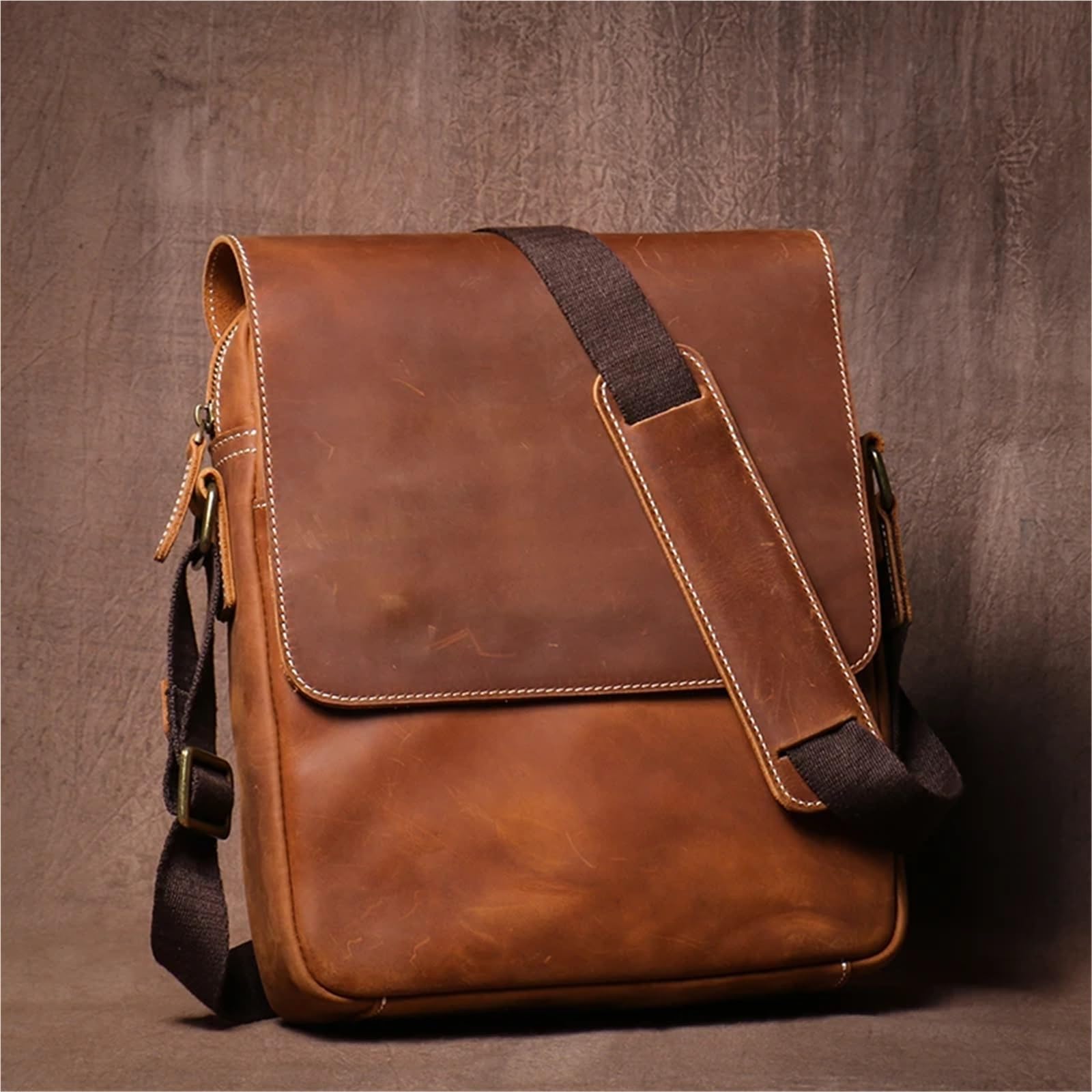 Bolso de hombro cuero genuino for hombre, estilo vintage clásico, con solapa Para Negocio Colegio Trabajo Café