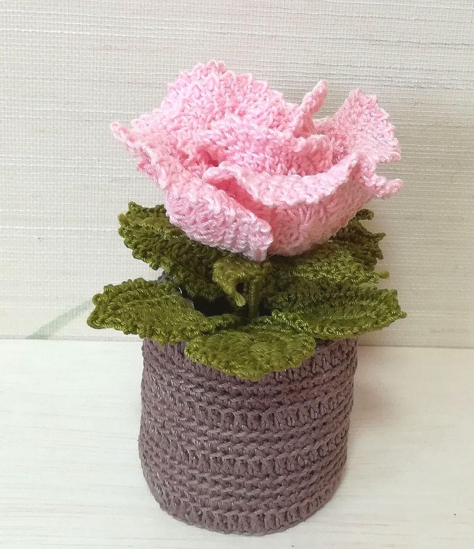 あみぐるみ 花 ピンクライオン Amazon.co.jp: 『ピンク色の薔薇の花鉢植え』あみぐるみ。かぎ針編み
