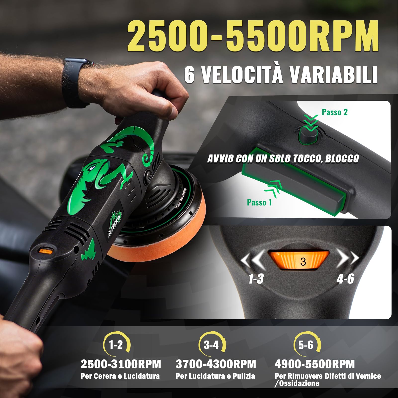 BATOCA T1 Lucidatrice orbitale 15mm,1100W Lucidatrice per Auto ,125mm/150mm Kit di lucidatura,Lucidatra Levigatrice Ceratrice,2500-5500RPM,Cura della Vernice dell'auto,Rimozione Graffi