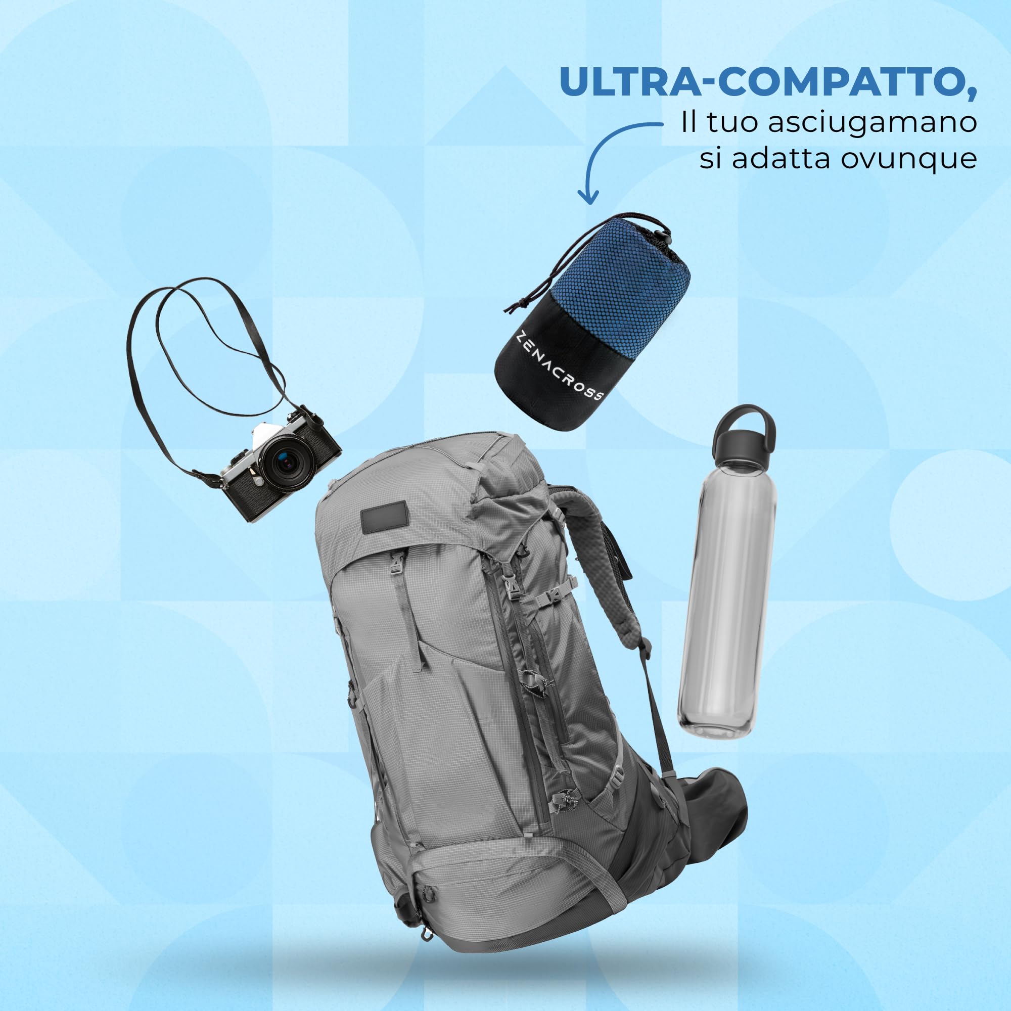 Zenacross Asciugamano Palestra con Borsa per il Trasporto - Asciugamano Microfibra a Rapida Asciugatura e Versatile - Telo Palestra Taglie M - 140 x 70 cm - Blu Marino