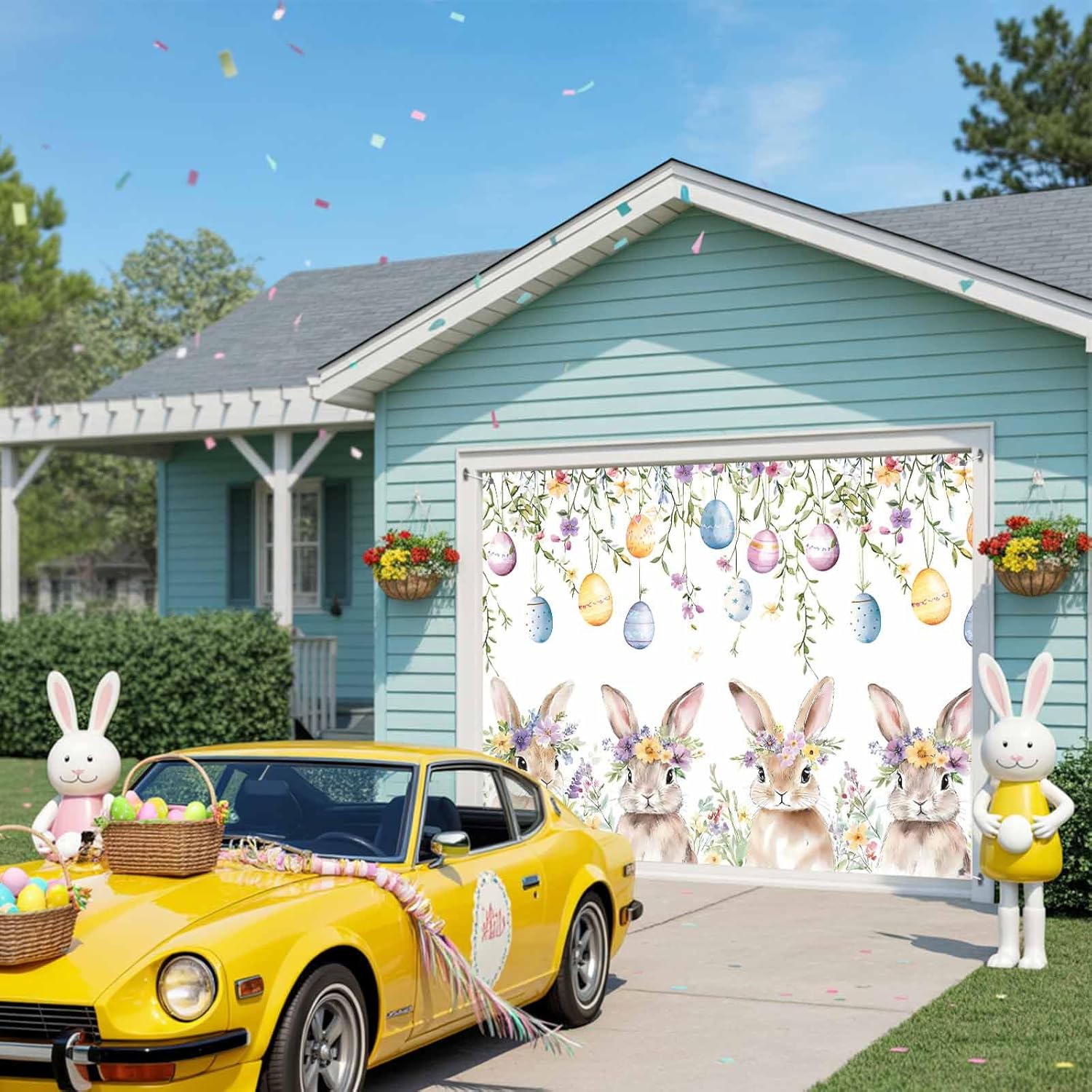 Easter Wreath Rabbits Garage Door Cover 7 x 16 FT, Vintage Colorful Eggs Spring Floral Leaf Garage Door Decorations Banner Hanging Backdrop for Indoor Outdoor House Patio Holiday Party