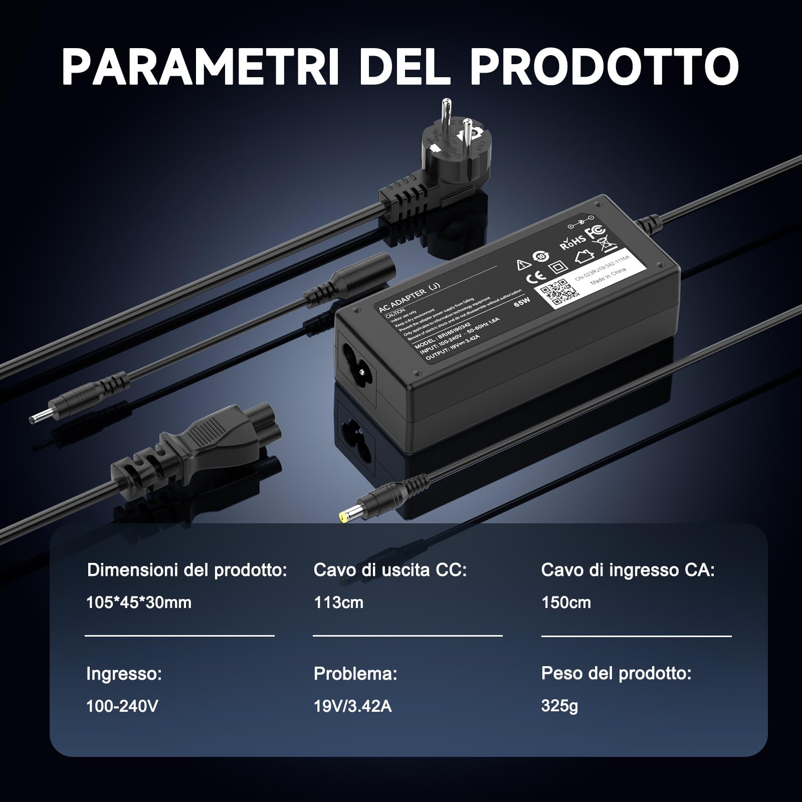 65W Caricatore 19V 3.42A Alimentatore Compatibile con Acer Aspire 3 5 E1 E3 E5 E15 E17 ES1 ES15 A315 A515 A114 V3 V5 V7 V15 3630 5250 5720 5750 5742 A315-34 Adattatore Caricabatterie 5.5 x 1.7mm