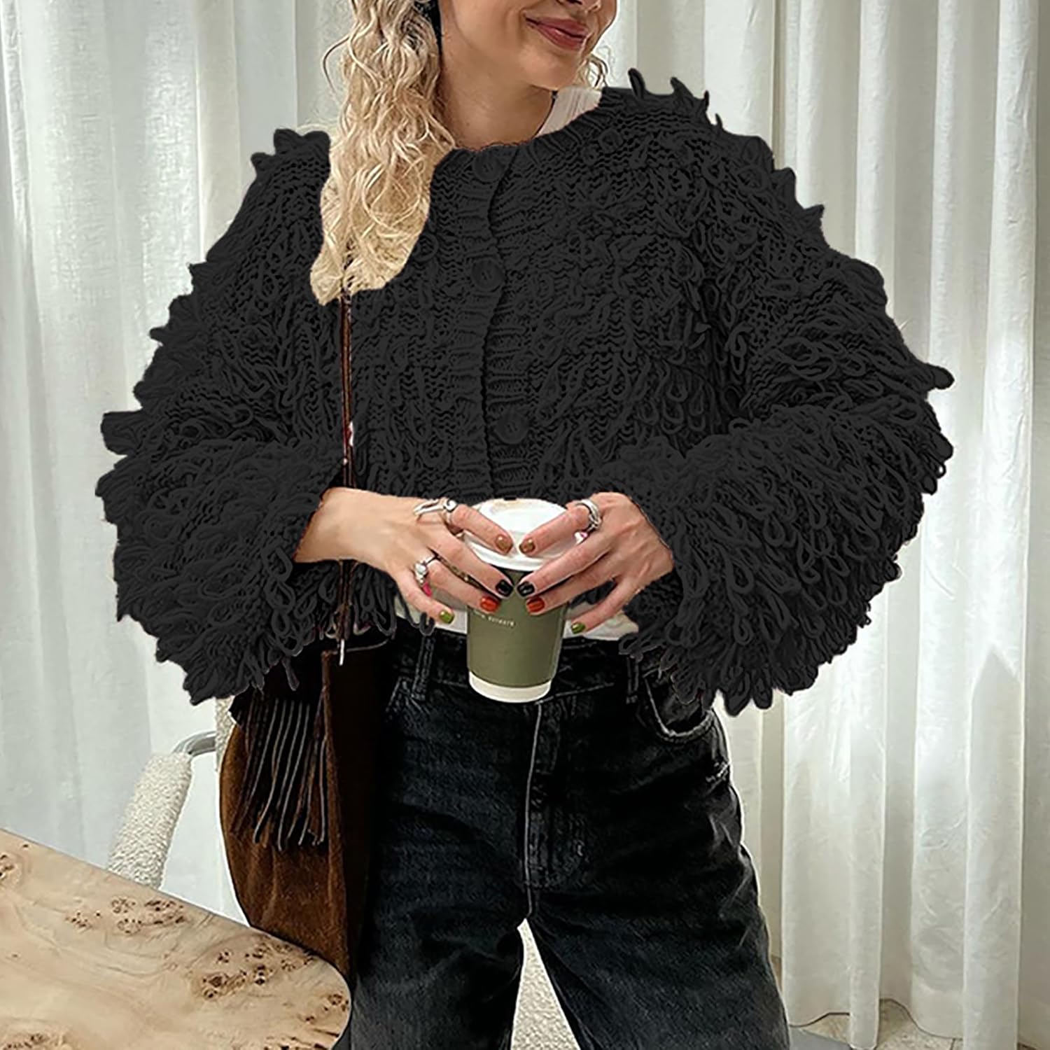 LETSVDO Women's Cropped Fringe Cardigan Sweaters Long Sleeve Knit Tassel Y2k Button Up Open Front Chunky Sweater Jacket - Image 3