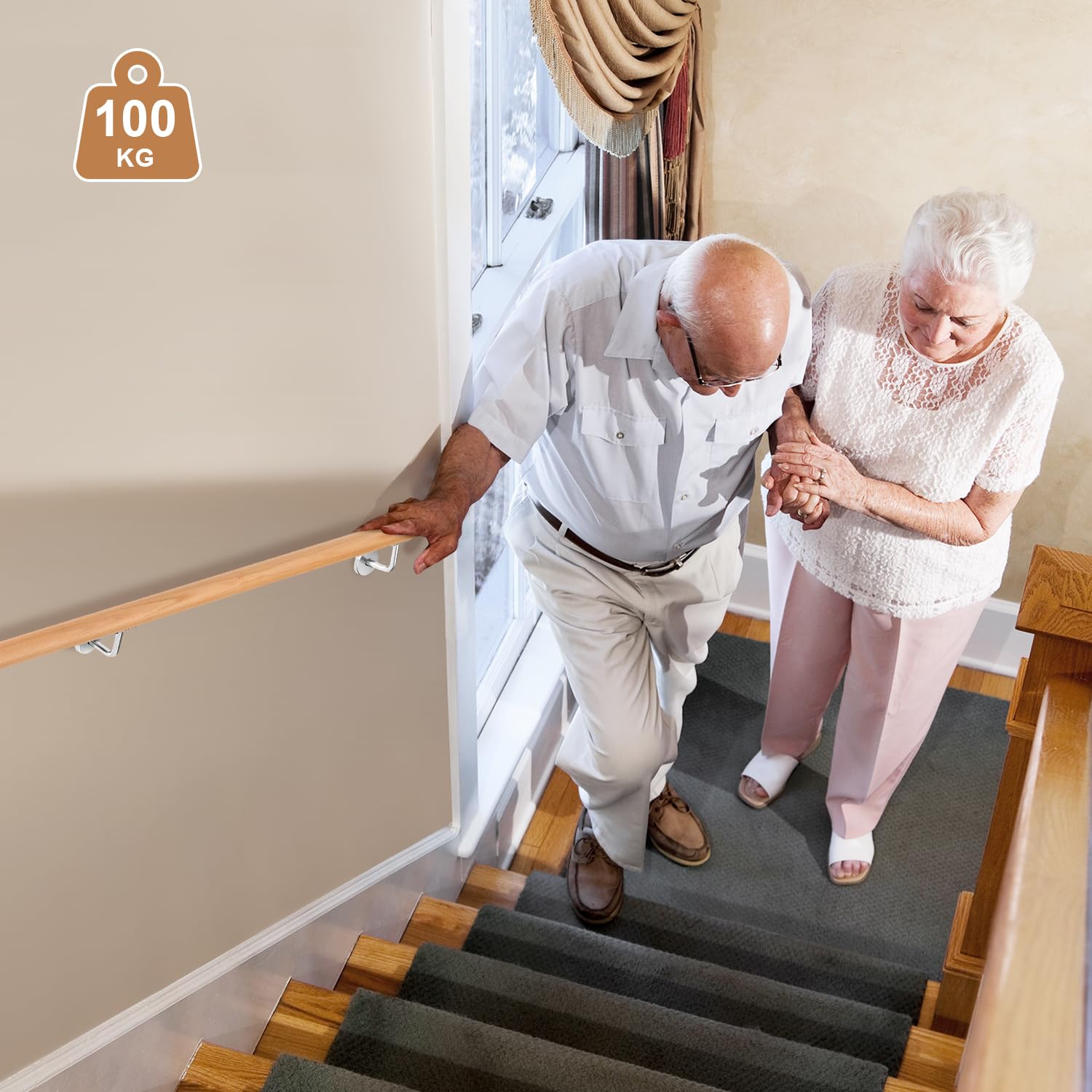Pasamanos de madera de haya, 150 cm, pasamanos de pared, escaleras con soporte de pared y tapas finales, pasamanos de madera antideslizante, barandilla para escaleras, balcón, redondo, 42 mm