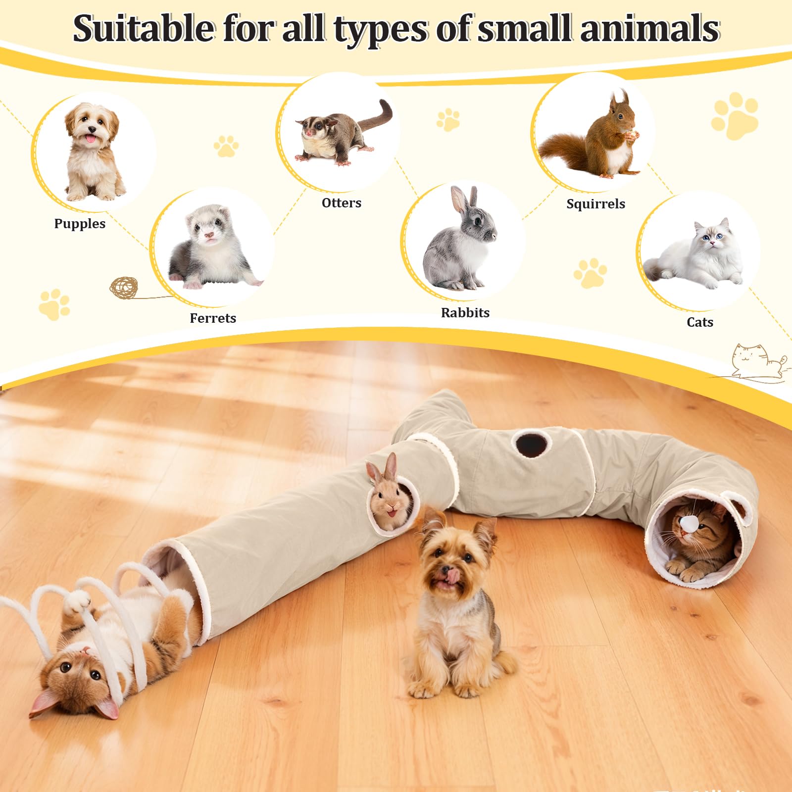 Ownpets Faltbarer Katzentunnel mit Federschwanz, dreiteilige Spielröhre für Haustiere, Vier Konfigurationsoptionen, geeignet für Katzen, Kaninchen und Frettchen, Durchmesser 30 cm