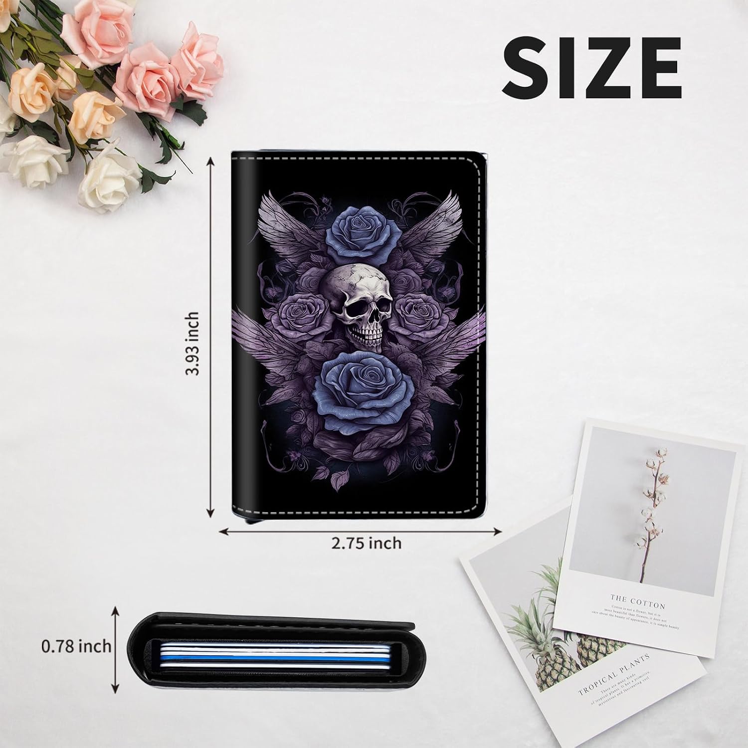Aluminum Auto Pop Up Wallet Case Credit Card Holder For Women Men Girl, Leather Card Case Front Pocket Trifold Wallet with RFID Blocking Banknote Slot Slim Wallet Women, Purple Flower And Skull