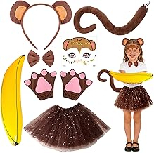 Set of 6 Monkey Costumes, Tutu Skirt, Tail Headbands, Bananas Props for Kids Girls Cosplay Carnival Halloween Carnival Party