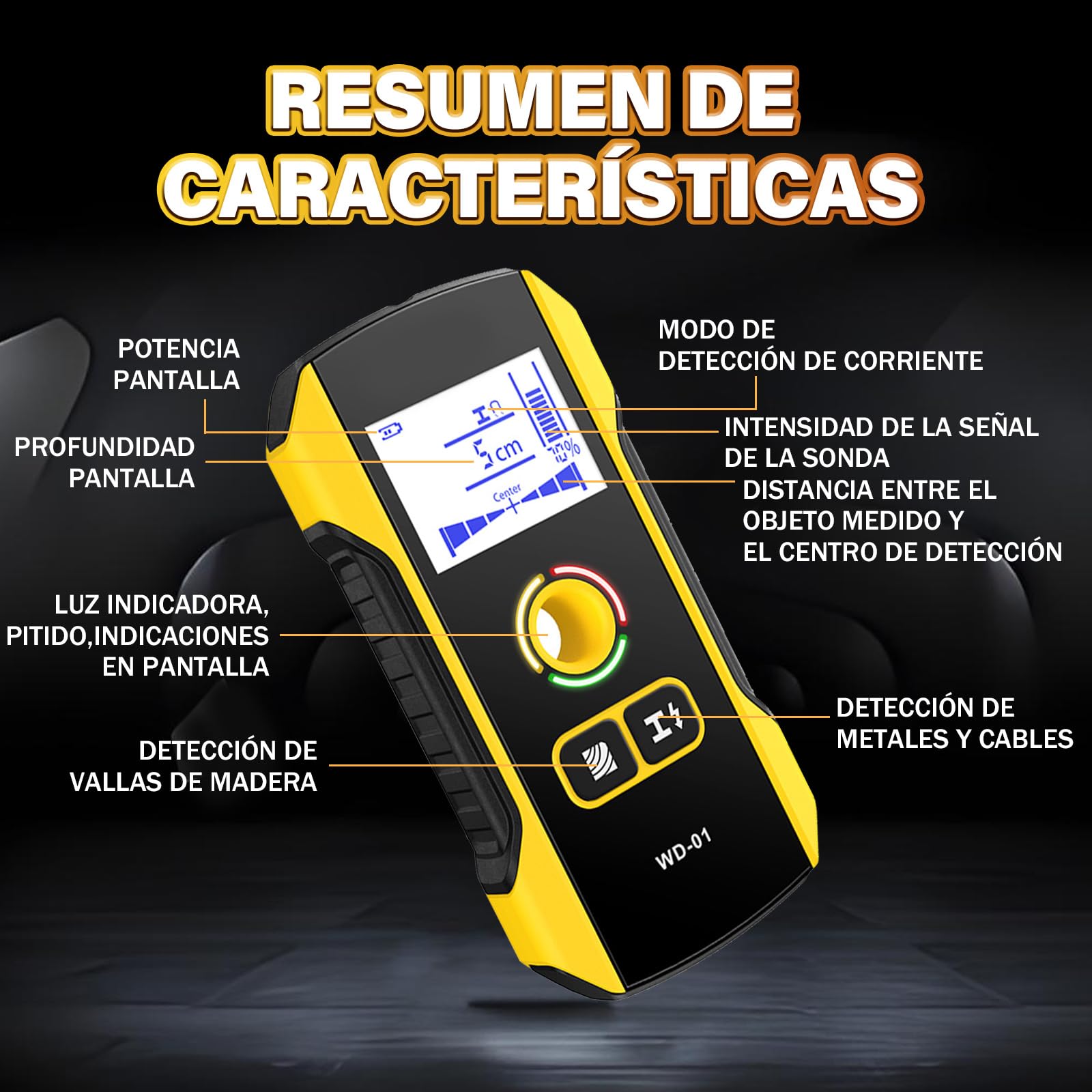 WD-01 Detector Cables y Tuberias,Escáner de Paredes,3 en 1 Metal/Cables de CA/Madera Detector de tuberias de Agua,Chip antiinterferencias HPC,Pantalla LCD VA de segmentos Negativos,Apagado Automático