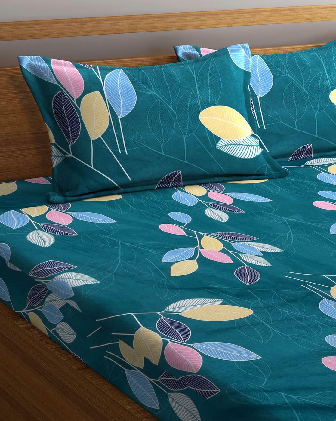 DECOMIZER 300 TC Cotton Feel All Around Elastic Fitted Glace Printed Single Bed Bedsheet with 1 Large Pillow Cover Fits Upto Mattress of 6 Inches,Size - 42 x 75 x 8 Inches, Design - Green Leaves