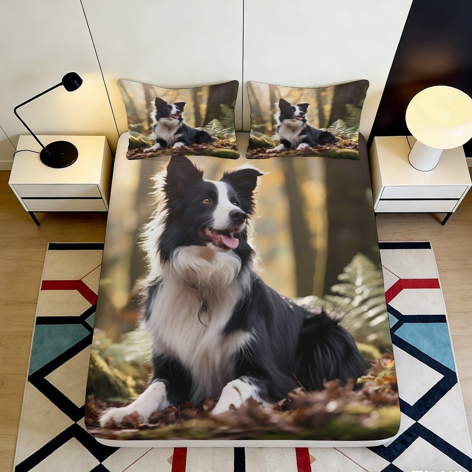 3D Printed Forest Border Collie Fitted Sheet Microfiber Soft Animal Woodland Bed Cover for Bedroom Dorm Decor 90x200x25cm