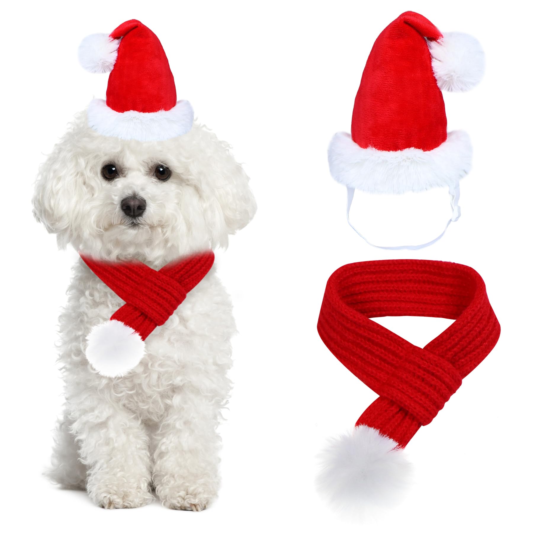 Goyoswa Dog Christmas Outfit - Adjustable Knitted Christmas Scarf with Pompom Ball for Small to X-Large Dogs