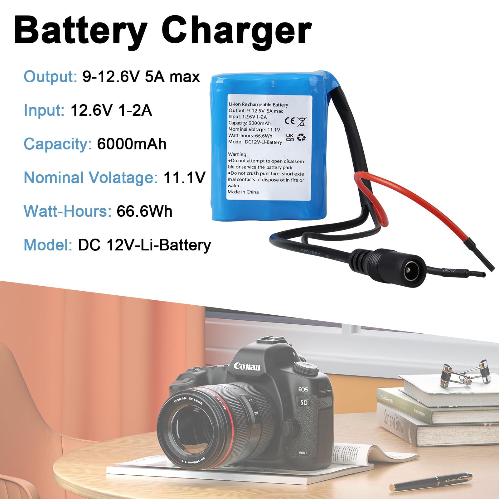 Batterie Rechargeable Lithium-ION DC 12V 6000mAh WoskjXas pour la Plupart des appareils 12 V, caméras sans Fil, caméscopes, lecteurs MP3, Bandes Lumineuses LED, routeurs, DVD Portables