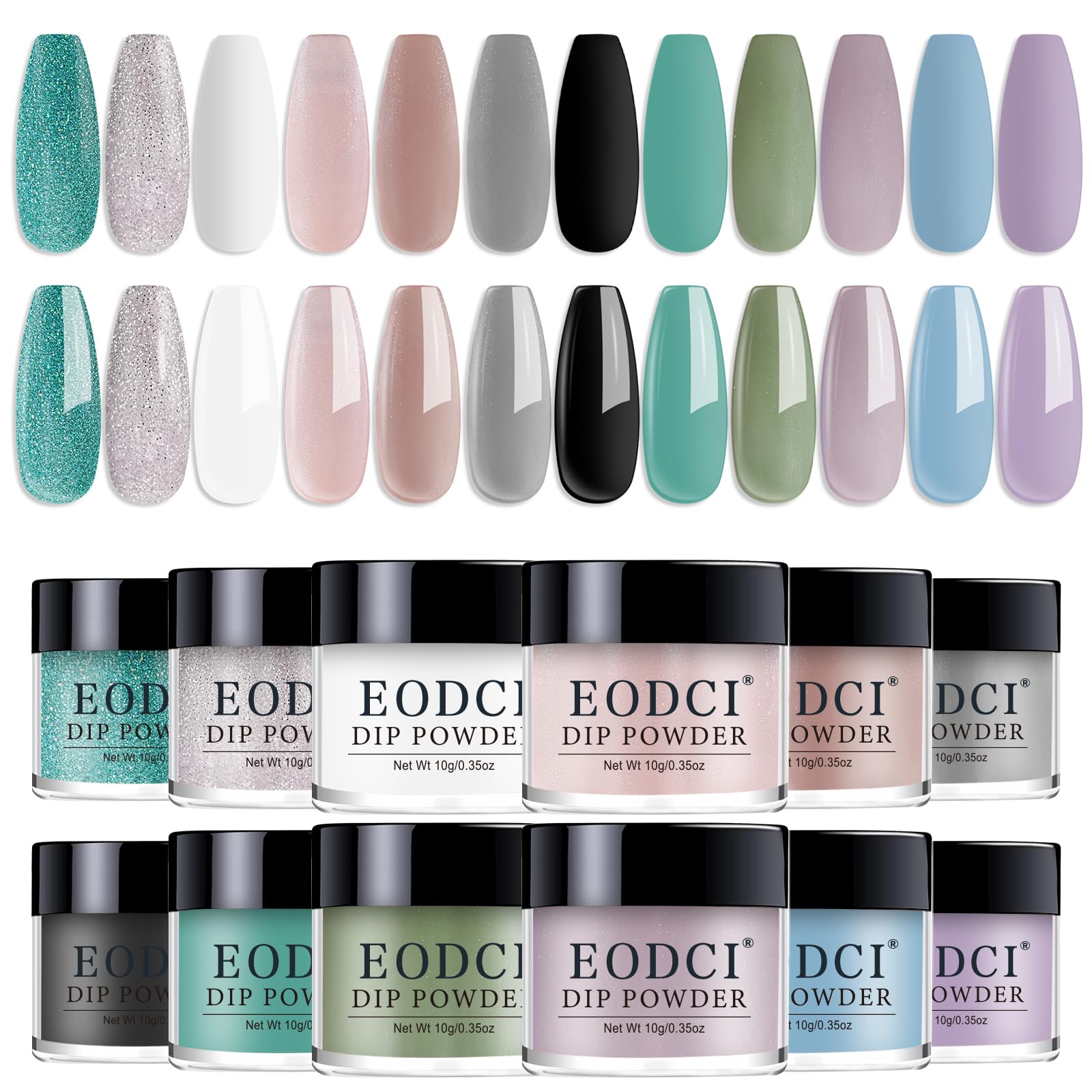 EODCI Juego de polvo para inmersión de uñas, 12 colores, arte de uñas de San Valentín, principiante, salón de manicura, bricolaje, hogar, verde, gris, verde oscuro, morado claro, no requiere lámpara