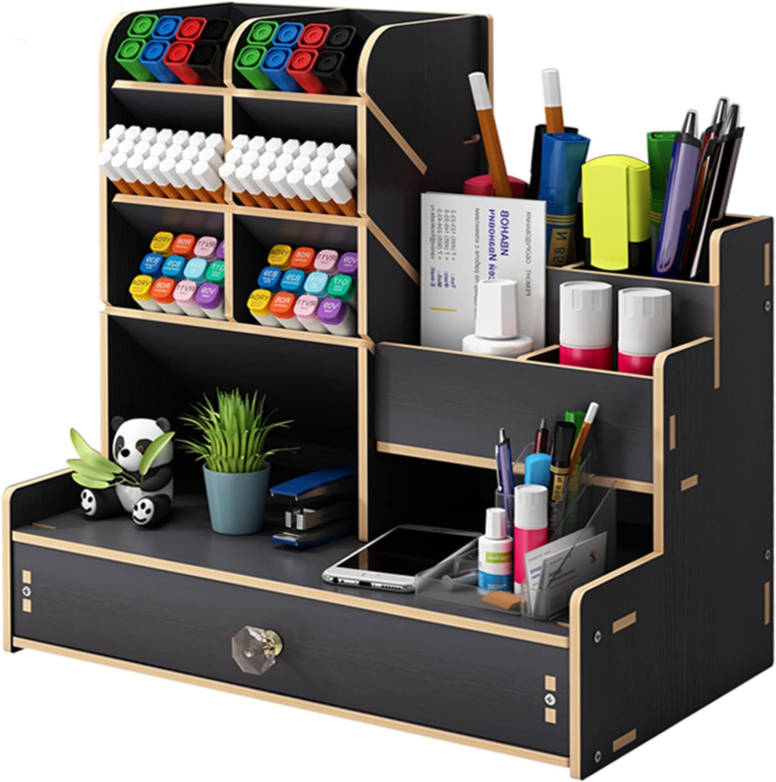 – Marbrasse Wooden Desk Organiser,Pen Holer for Desk,Stationary Organiser,Desktop Storage Organizer Caddy (Black Wood)