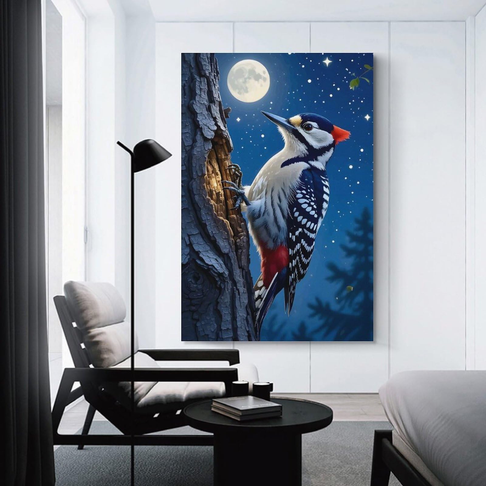 Junmoney Woodpecker in A Moonlit Forest Room Decor Wall Art 12x18inch(30x45cm), for Art Walls, Layered Displays Or Homes, Wall Decor Suited to Curated Displays