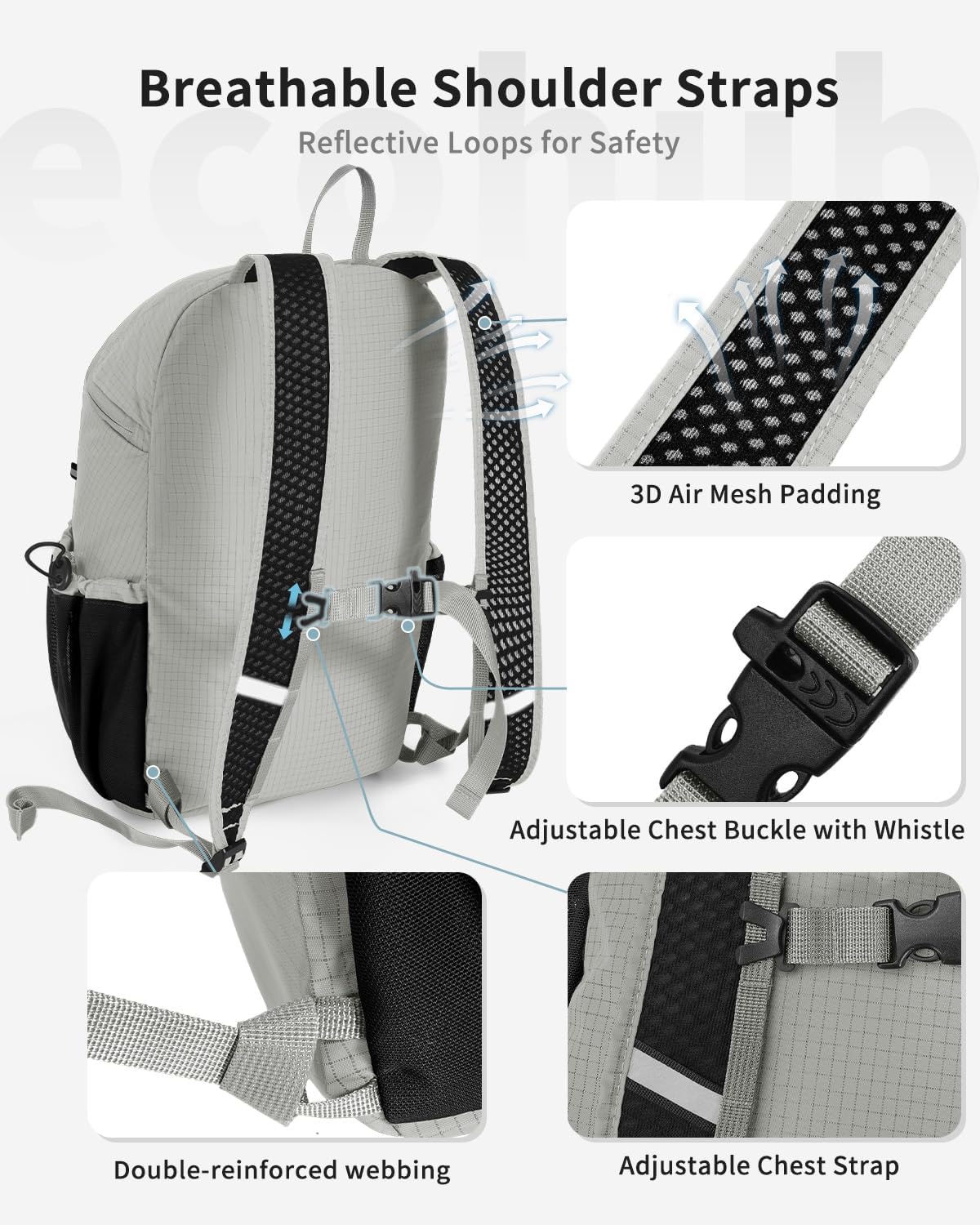 ECOHUB 15L Lightweight Casual Daypack, Packable Backpack for Daily Use, Hiking & Travel, Foldable Small Backpack with Stretch Mesh Pockets, Water-Resistant Nylon, Reflective Design