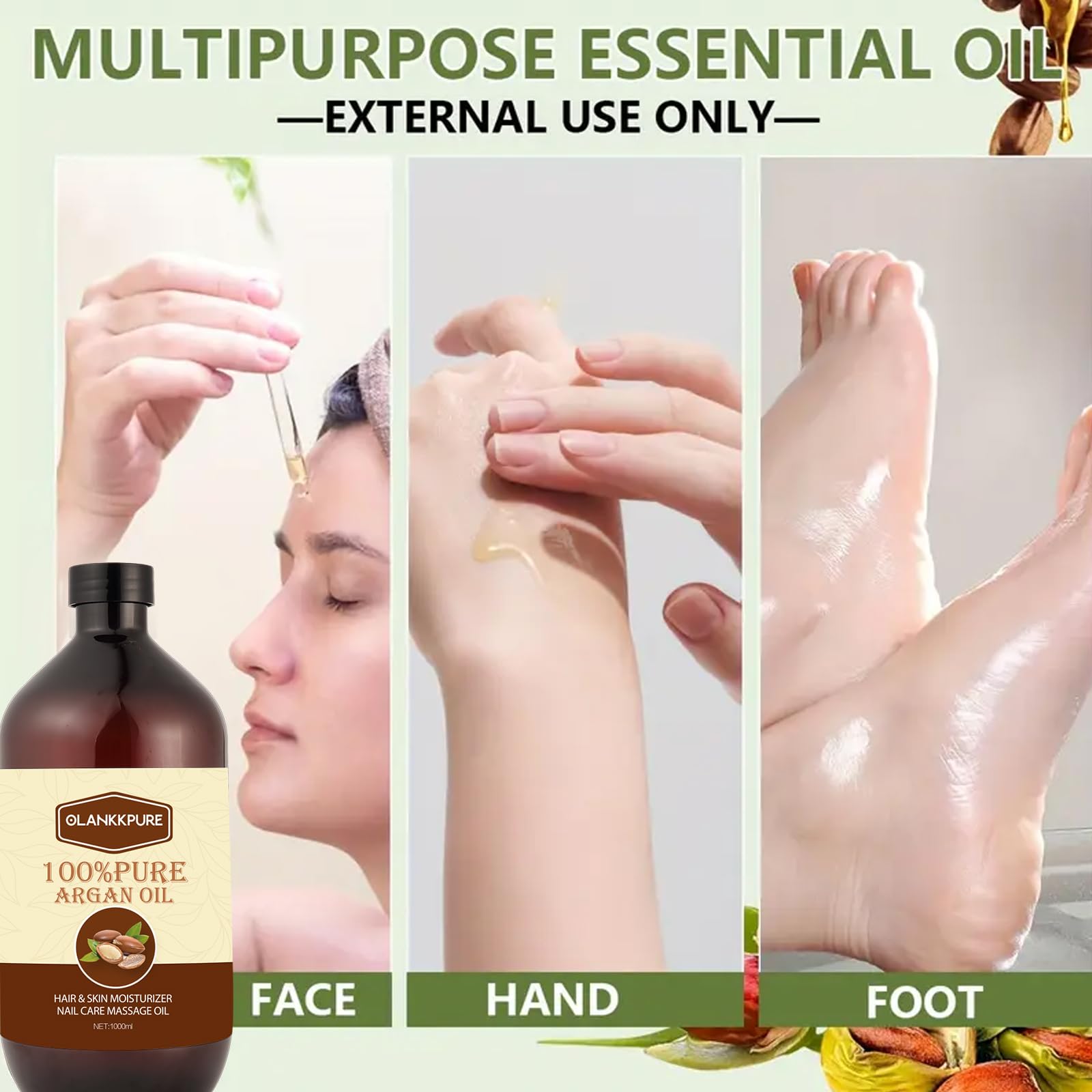 100% Reines Arganöl, Premium Ätherisches Öl für Haare, Haut, Nägel, Massage, Feuchtigkeitspflege, Mehrzweck Körperöl, 1000ml