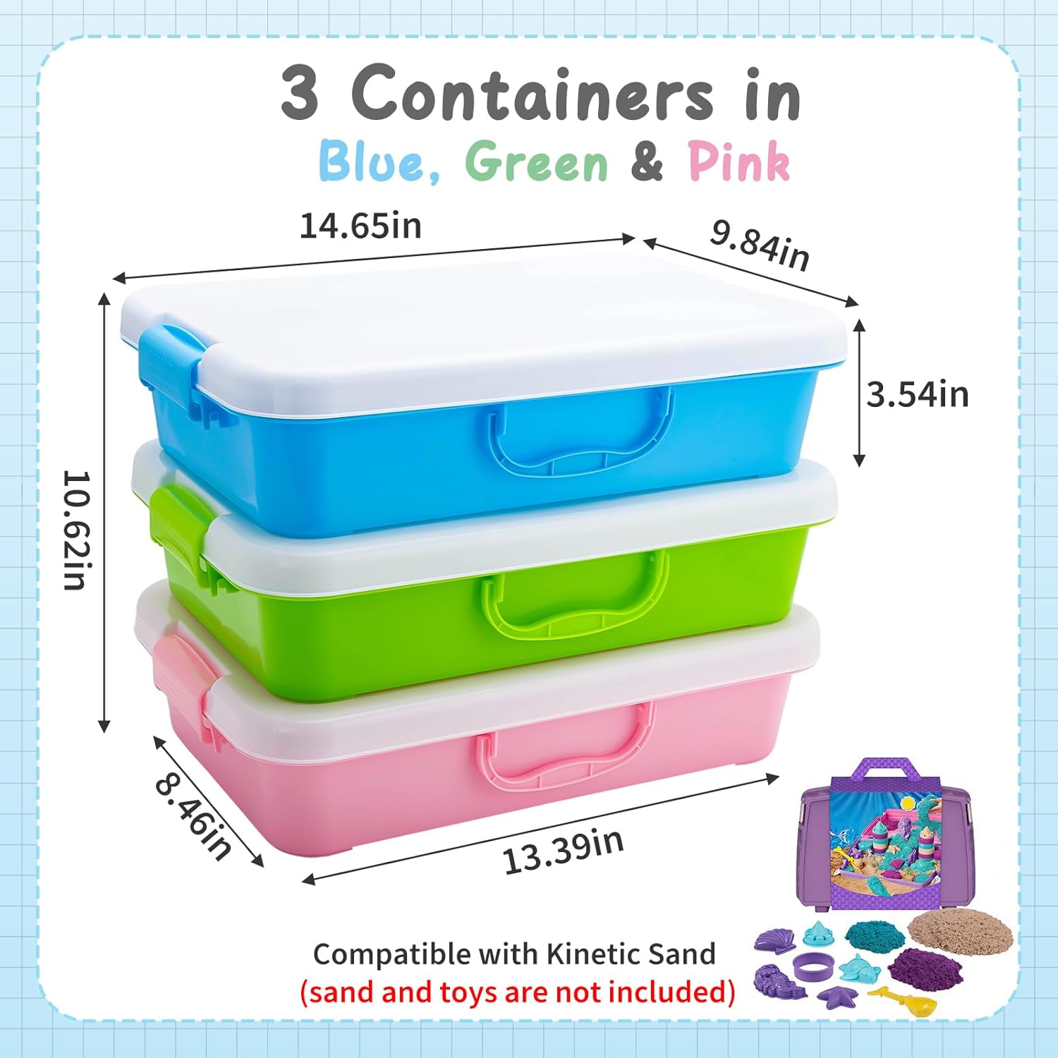 3 PCS Sand Container Compatible with Kinetic, Sand Tray with Lid, Stackable Sandbox Container, Plastic Storage Bins with Handle, Secure Closure, Ideal for Travel and Home Use (Blue, Green, Pink)