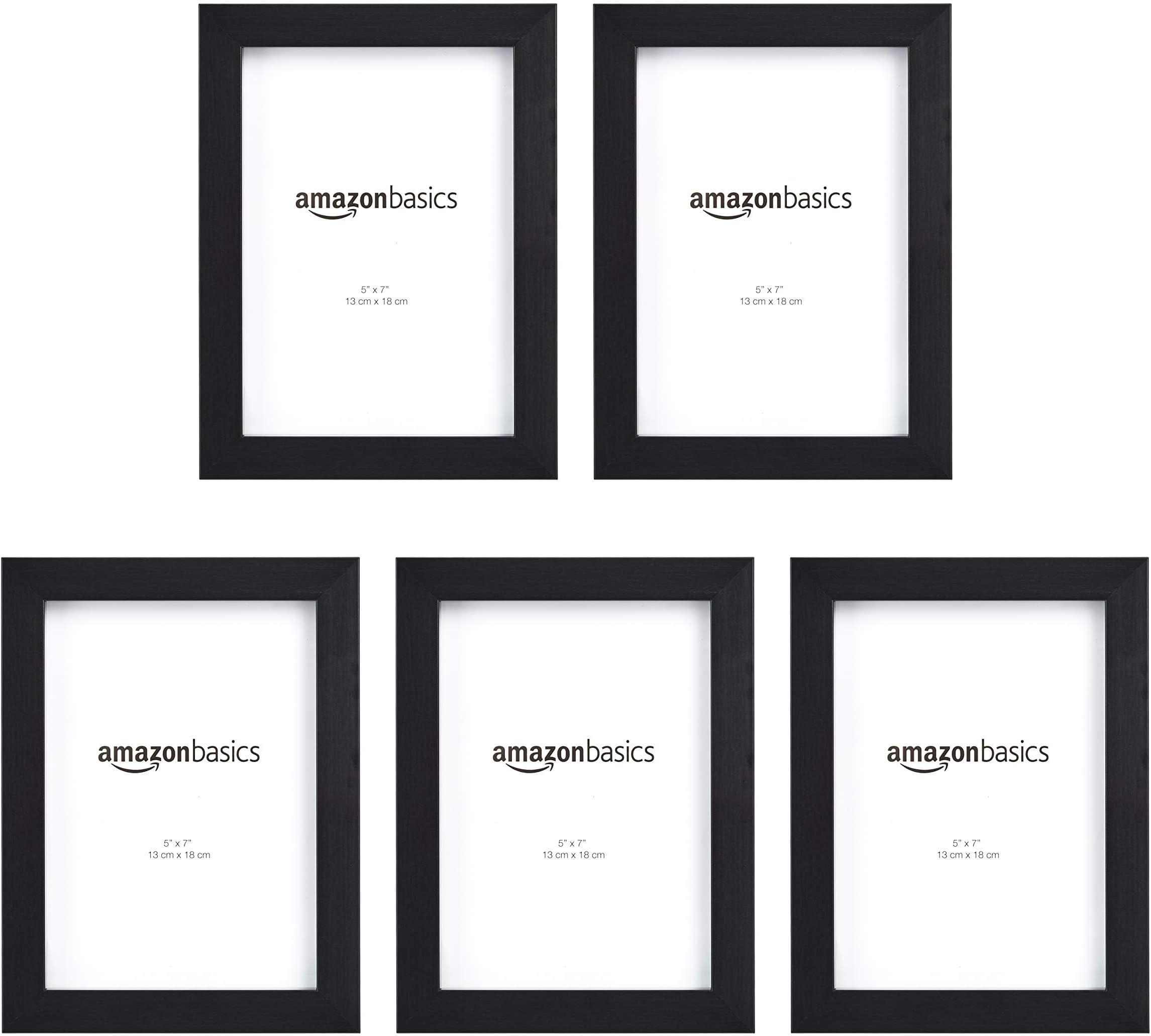 Amazon Basics Rectangular Picture Frame Set for Wall Hanging or Tabletop Display, 5 x 7 in, Black, Horizontal and Vertical Formats, 5-Pack
