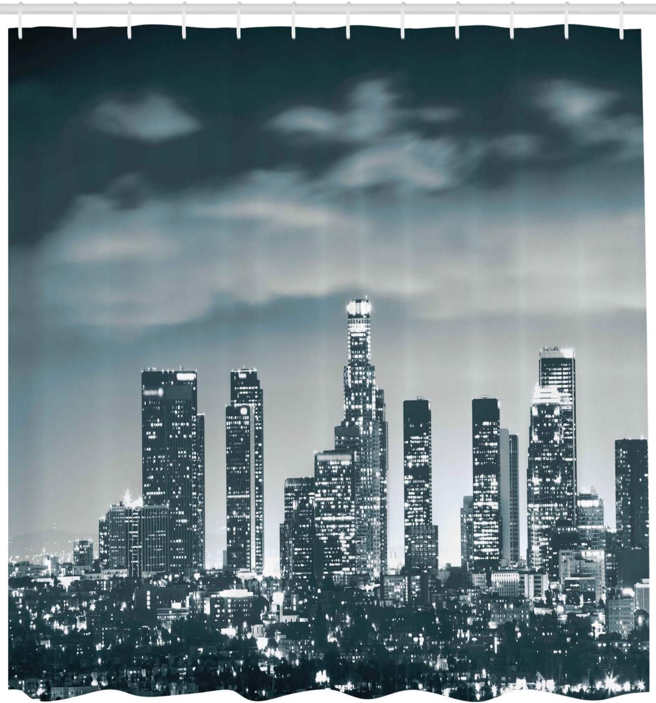 Ambesonne Night Shower Curtain, Urban Themed Los Angeles United States Skyline at Night Skyscrapers Digital Artwork, Cloth Fabric Bathroom Decor Set with Hooks, 69" W x 70" L, Dark Green