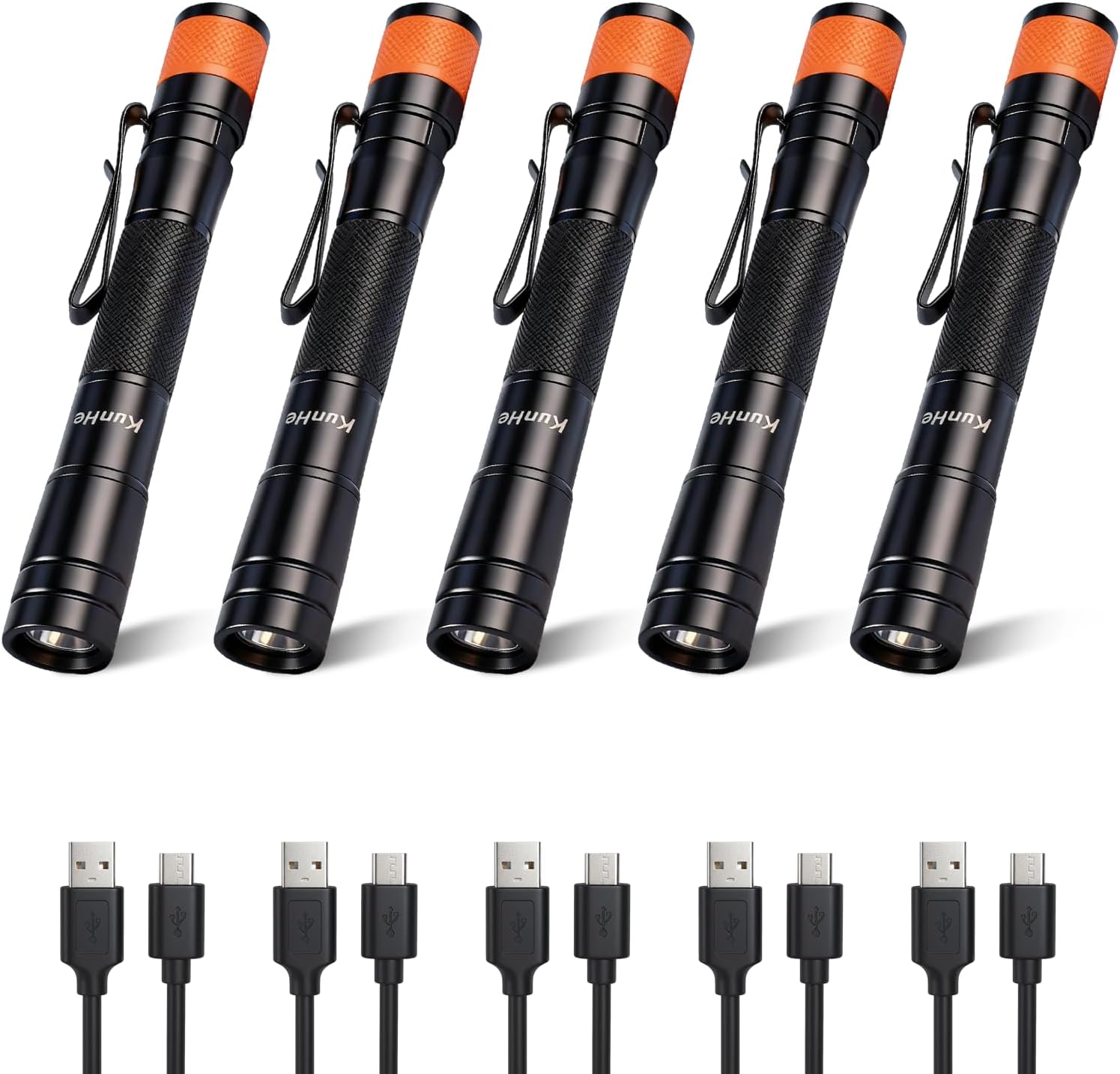 KunHe 180 Lumen LED Portable Rechargeable Pen Flashlight 5-Pack Waterproof Pocket Flash Light Single Mode Easy to Use with Clip Suitable for Inspection Camping and Daily Use