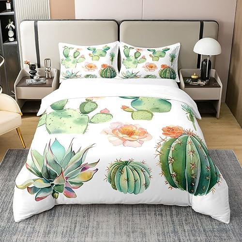 Miniatura 3 de Juego de funda de edredón de algodón con diseño de cactus, tamaño King, para niños y niñas, plantas verdes y suculentas, juego de edredón de algodón