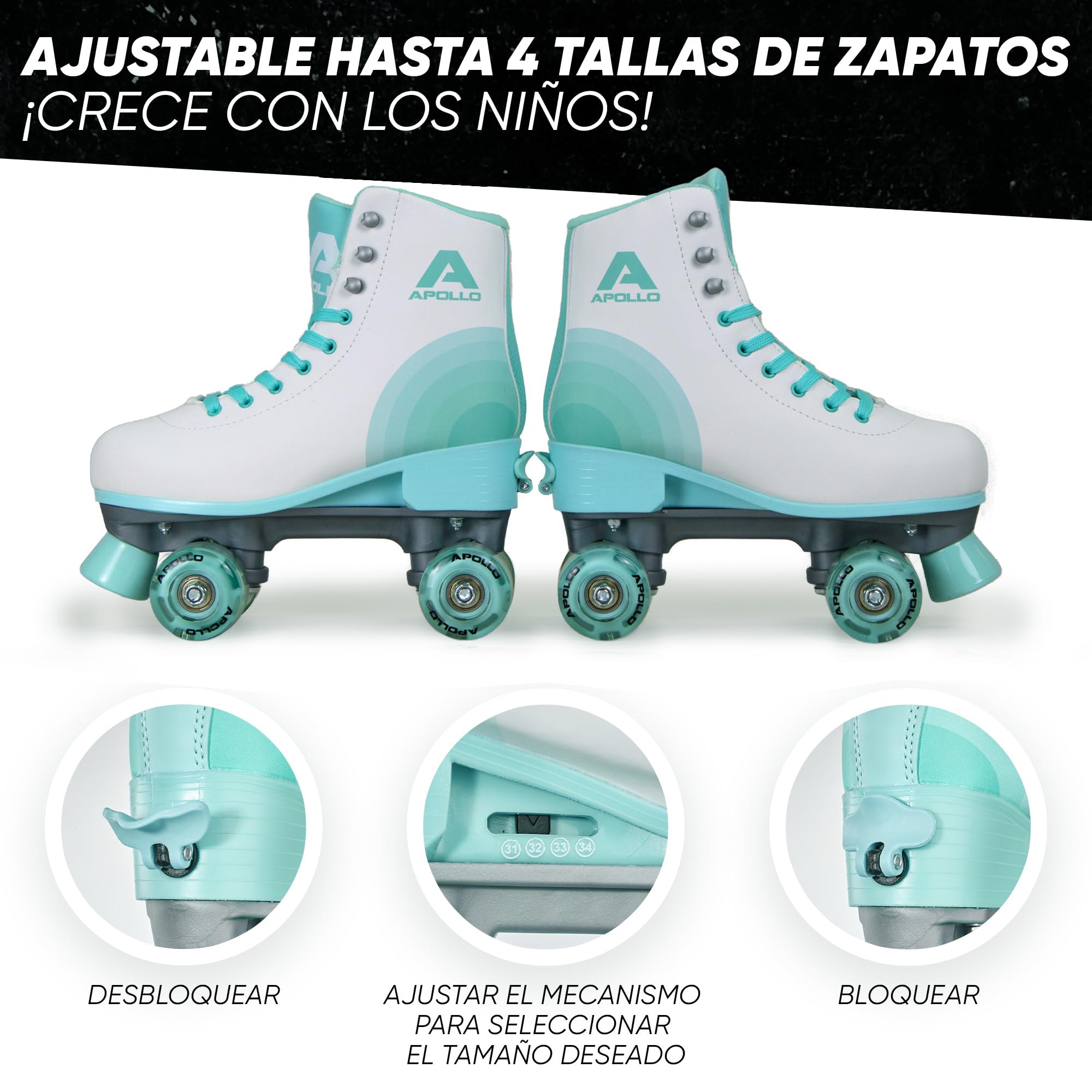 Patines Apollo Classic de 4 Ruedas - para niños, Adolescentes y Adultos, Talla Ajustable, para niñas y Mujeres, cómodos, para Todas Las Edades, 3 Tallas Desde la Talla de Calzado 31 hasta la 42