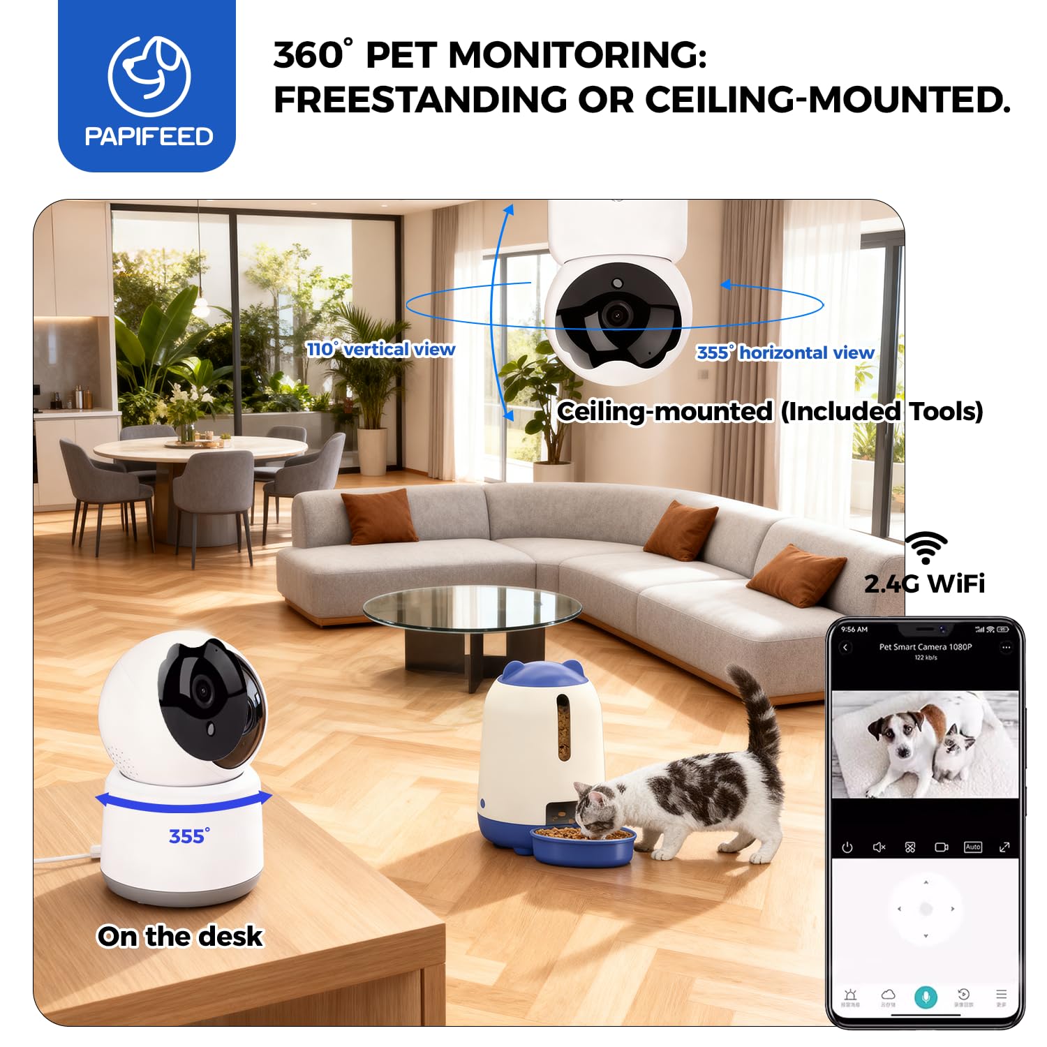 PAPIFEED Automatic Cat Feeder with Camera, App-Controlled WiFi Auto Food Dispenser, Dual Power Backup, Slow Feeding Mode, 3L Moisture-Proof Feeder for Cats & Small Dogs (Blue) - image 7
