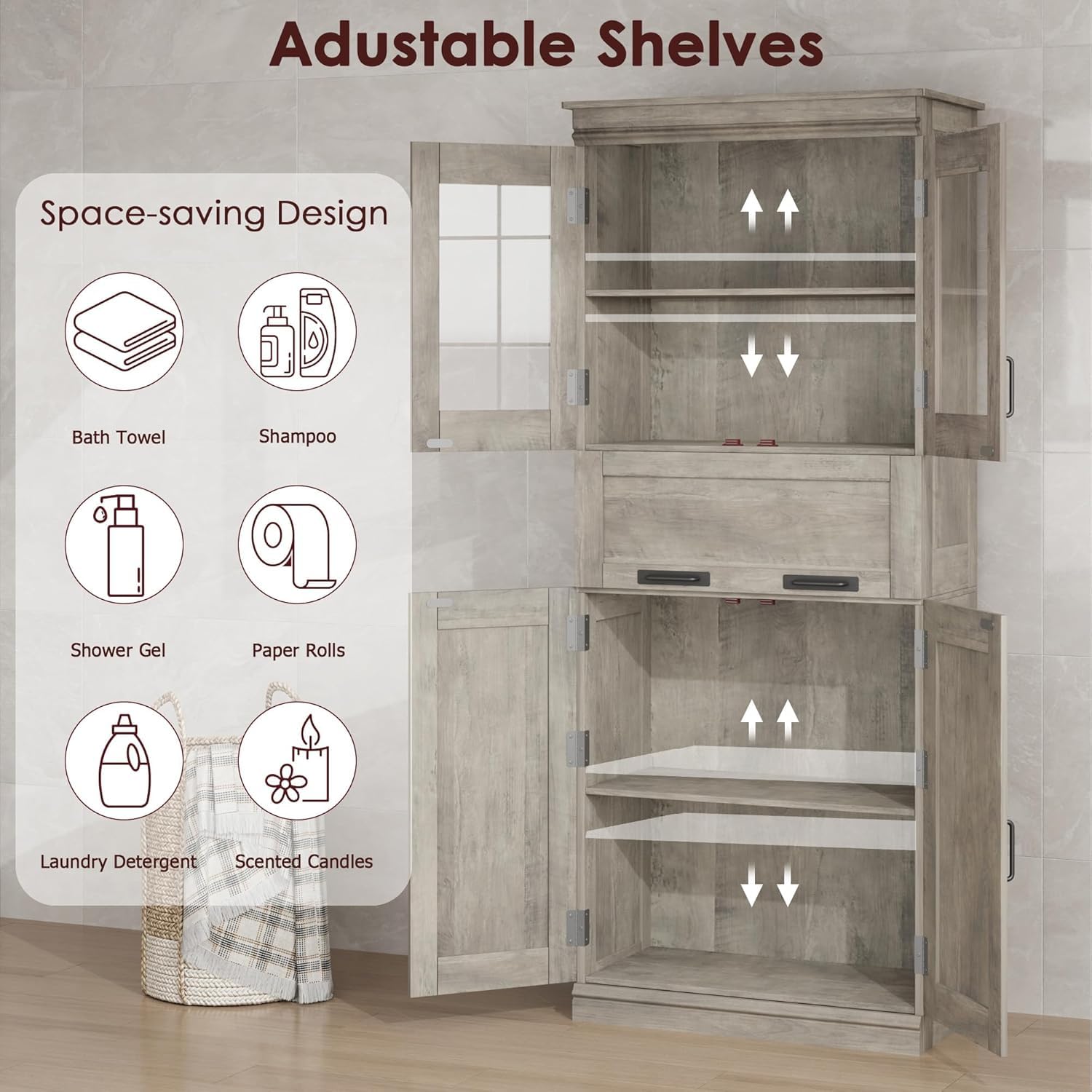 Garvee Mueble De Baño con 4 Puertas 170cm, Cajón De Cristal Abatible y Estantes Ajustables. Organizador Independiente para Cocina y Sala De Estar - Gris