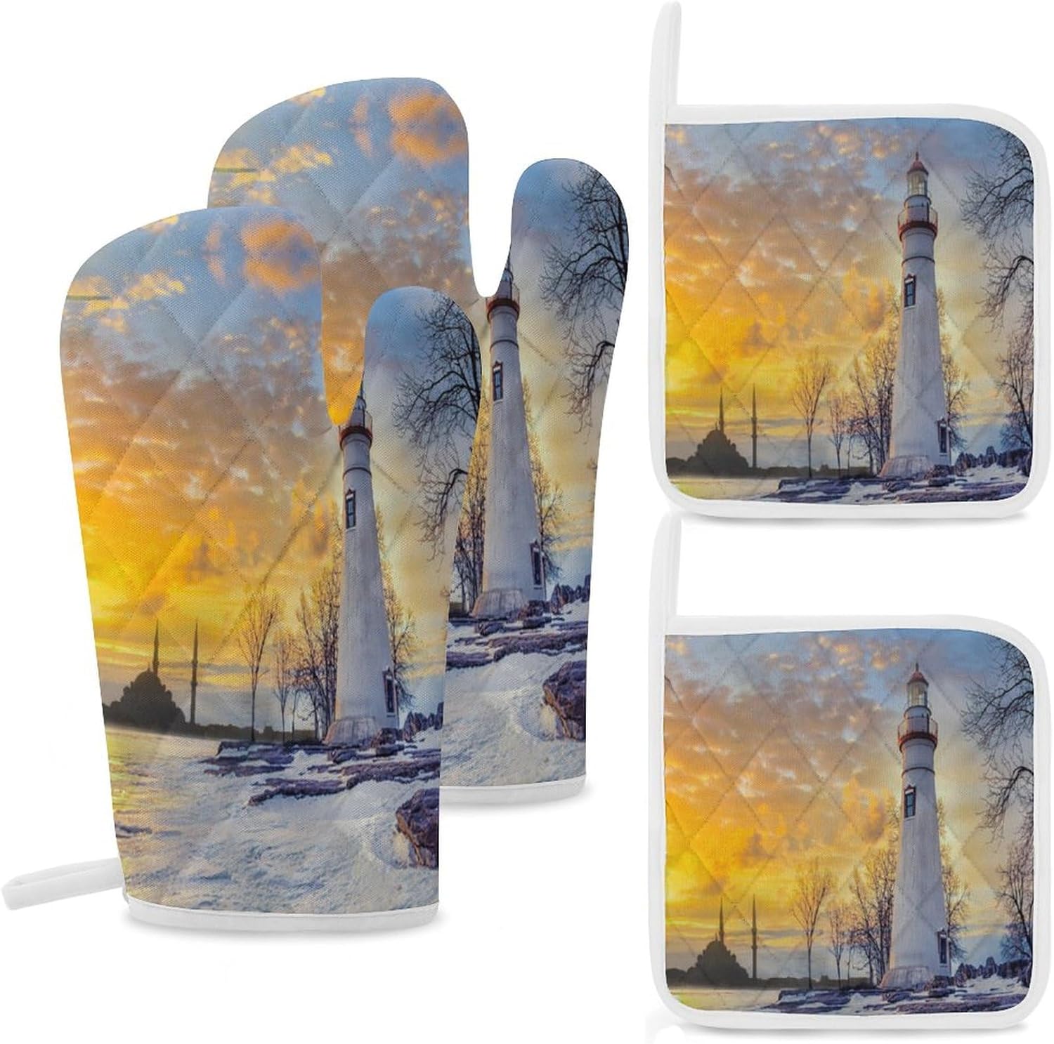 Winter Coastal Lighthouse Oven Mitts and Pot Holders 4 Abstract Nautical Ocean Seaside Sunset Rustic Sea Lighthouse Piece SetOven Mitts and Potholders Cooking Gloves Suitable Kitchen Baking