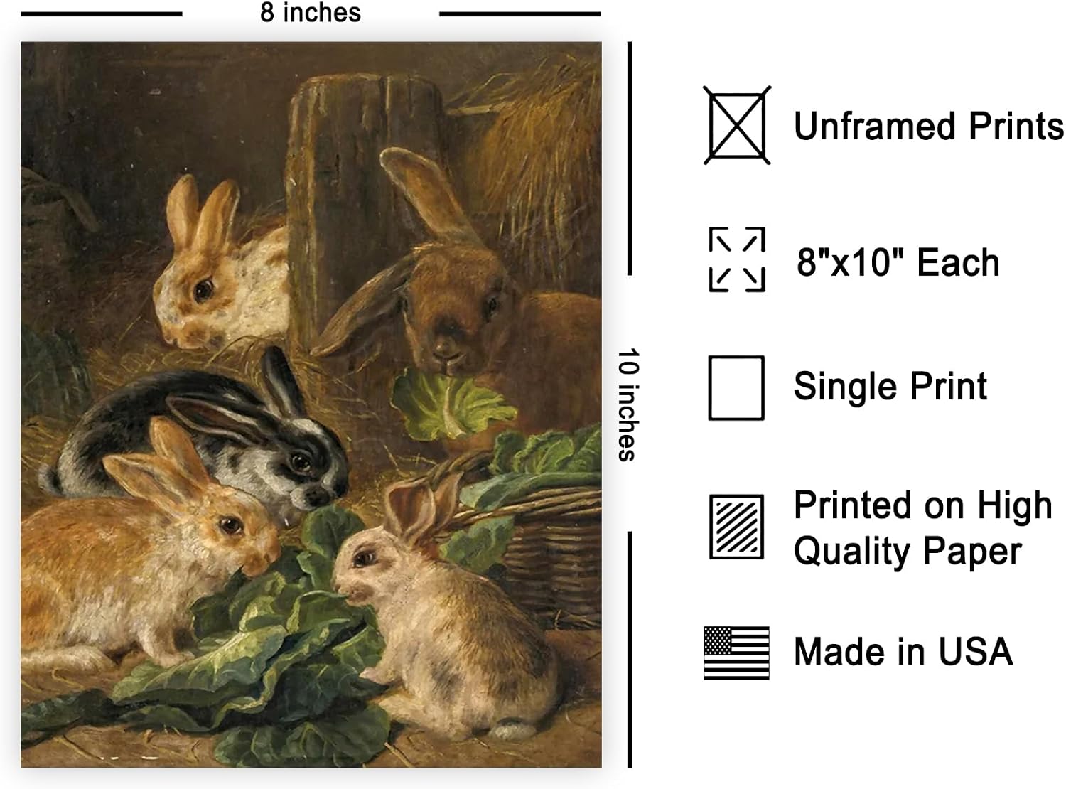 Poster Master Vintage Rabbits Painting Poster - Retro A Mother Rabbit And Her Young Print - Easter Bunny Art - Moody & Animal Lover Decor - Great Farmhouse or Nursery Decor - 8x10 UNFRAMED
