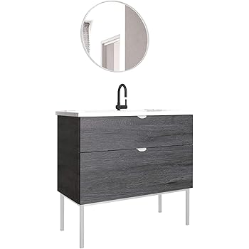 Amazon Com 40 Inch Modern Bathroom Vanity Cabinet Set Smug Akron Oak Wood White Handles And Legs 40 X 33 X 18 Inch Vanity Cabinet Ceramic Top Sink Modern Rounded Mirror Kitchen Dining