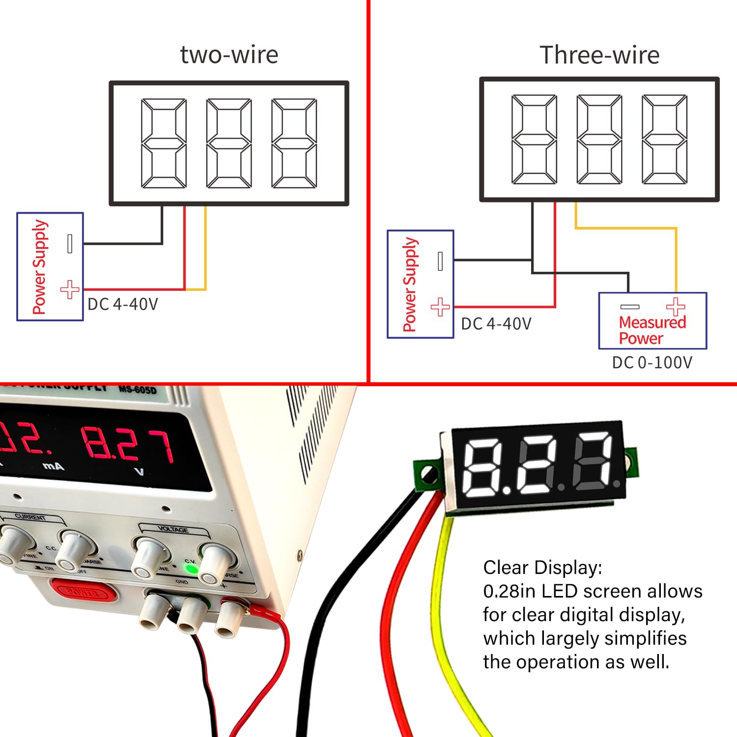 YIXISI Mini Voltmetro Digitale 0.28 Pollici 0-100V DC Tre Fili LED Display Bianco