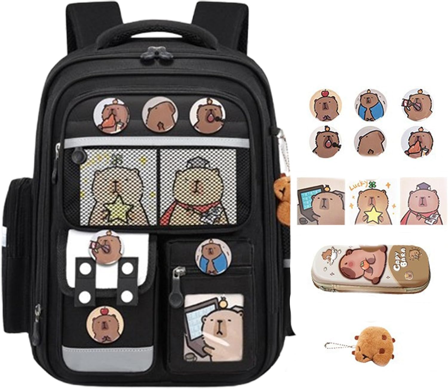 Capybara Backpack with Keychain Plush, School Supplies Kit, Waterproof Multifunctional Adjustable Shoulder Strap Bookbag (C)
