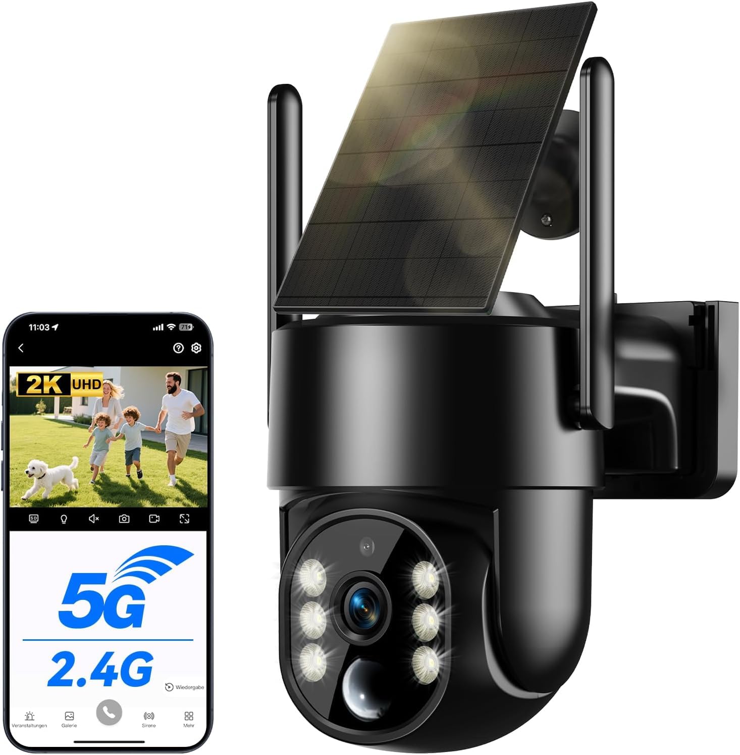 WESECUU Wireless 2.5K 4MP Solar Outdoor WiFi Surveillance Camera with 5W Solar Panel, 8000mAh Battery, WiFi 2.4 and 5GHz, PTZ 360°, Auto Tracking, IP66, 24H Recording