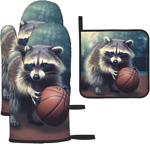 Divertidos guantes de horno y soportes para ollas con estampado de mapache y baloncesto, resistentes al calor, antideslizantes, guantes de cocina, 3