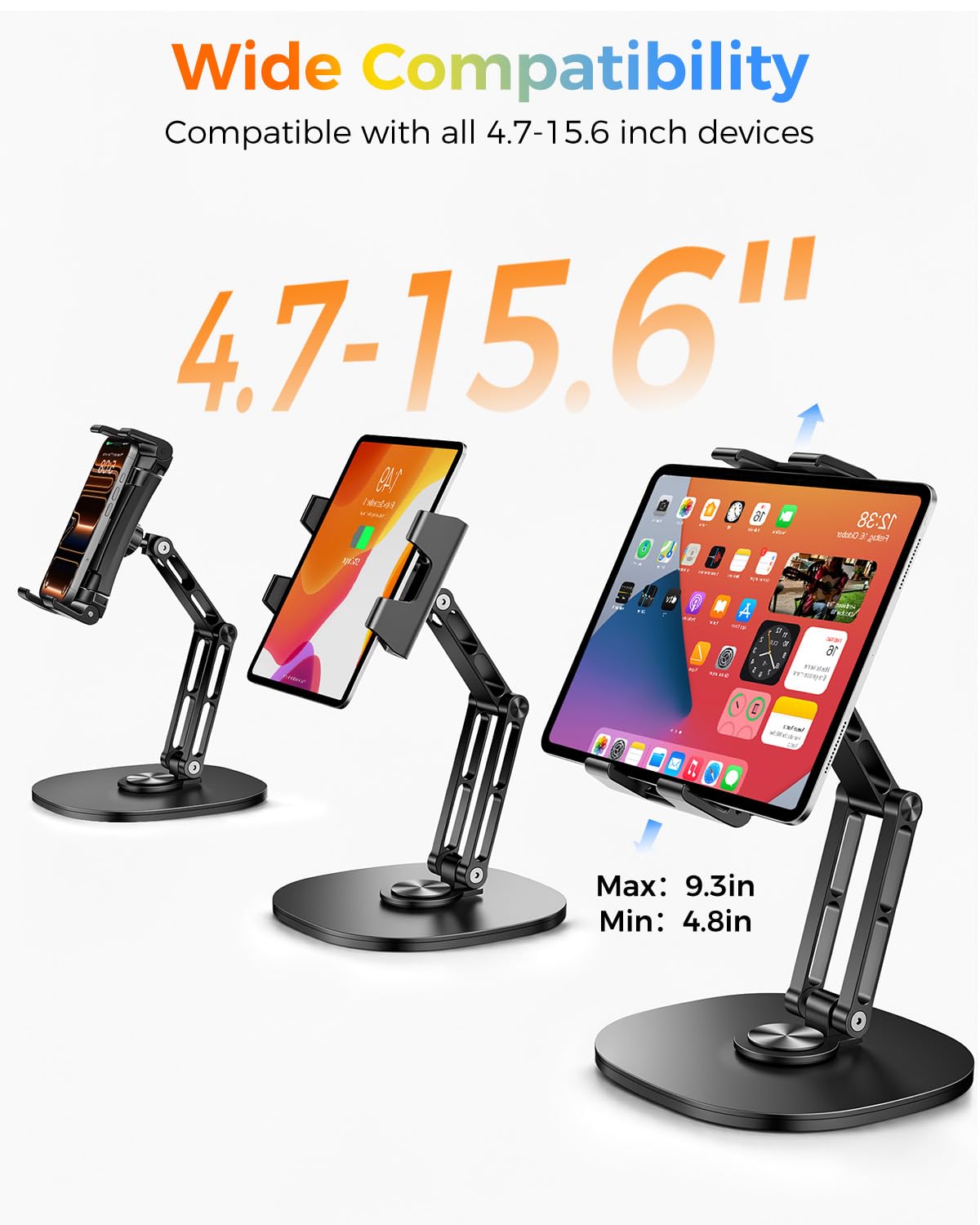 OHLPRO Supporto da scrivania regolabile per iPad, base girevole a 360°, supporto pieghevole per tablet, in alluminio resistente, per dispositivi da 4,7-15,6", iPad Pro/Air/Mini, Galaxy Tab, telefoni