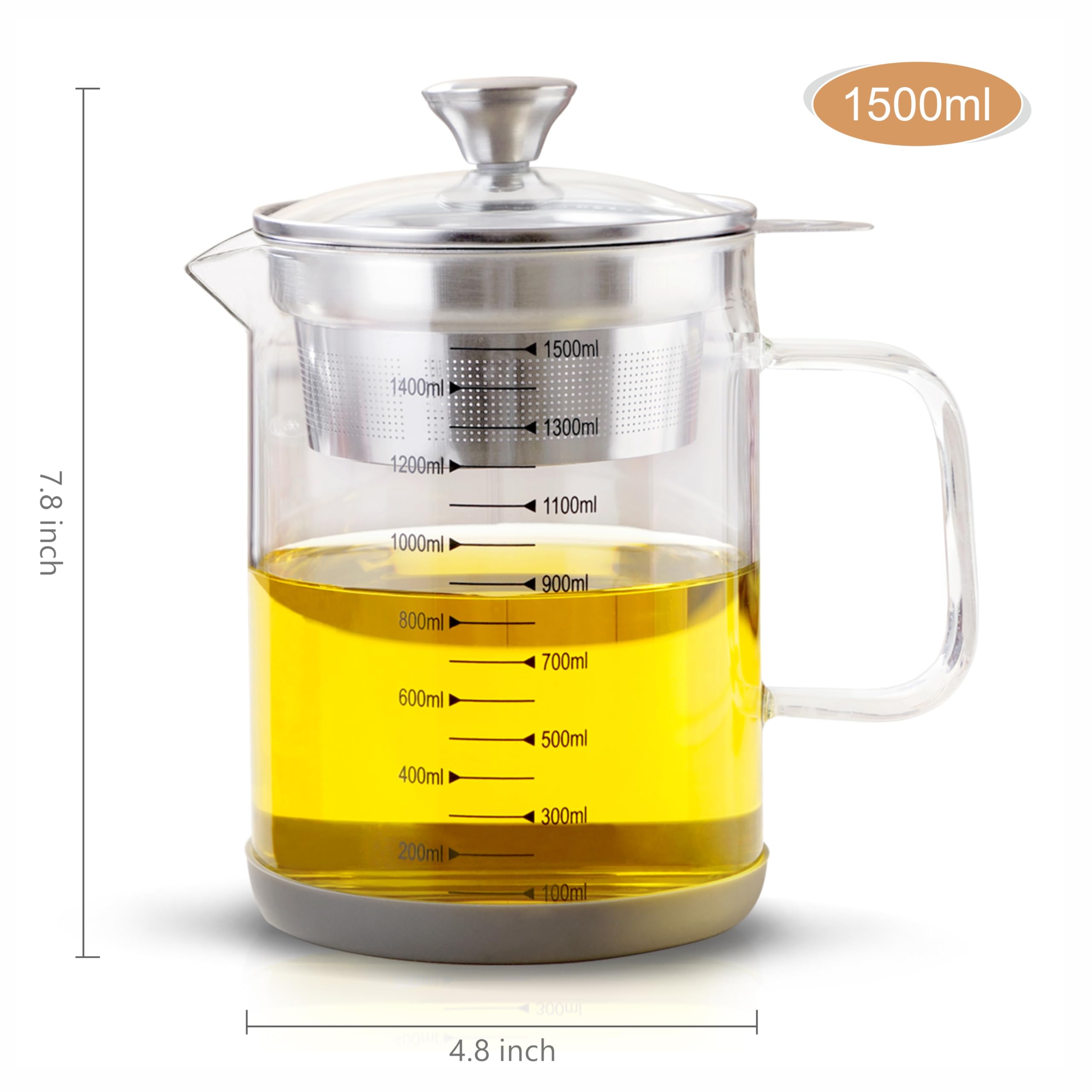 Botella de aceite de vidrio de 50 onzas, recipiente de grasa de tocino con colador, lata de almacenamiento de aceite de cocina con filtro de malla fina y escala, leche de nueces, leche de soja,