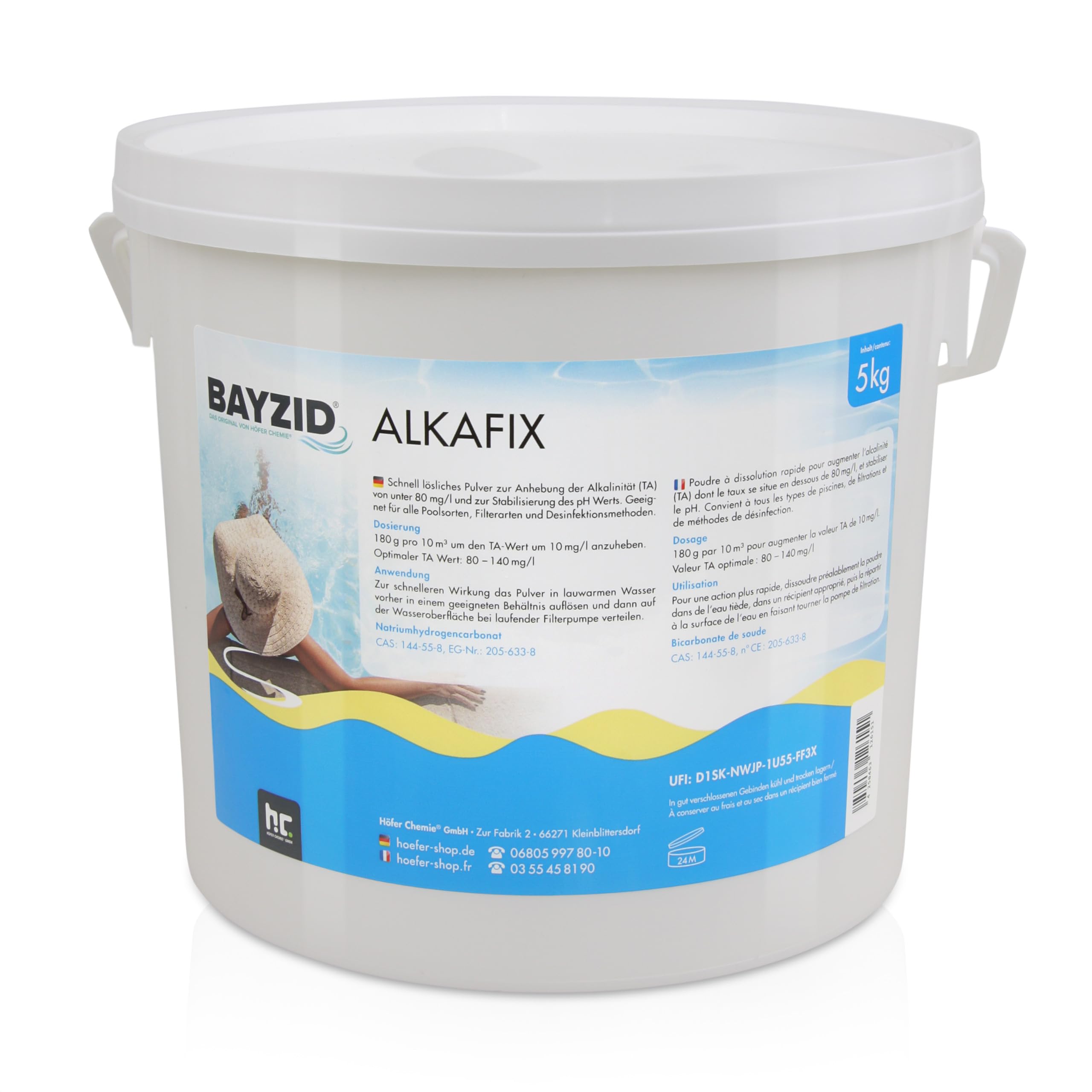 Höfer Chemie 5 kg BAYZID® Alkafix - Augmentation Rapide et Efficace de l’Alcalinité (TA) pour Piscines, Stabilisation du pH, Doux pour la Peau et Les Yeux