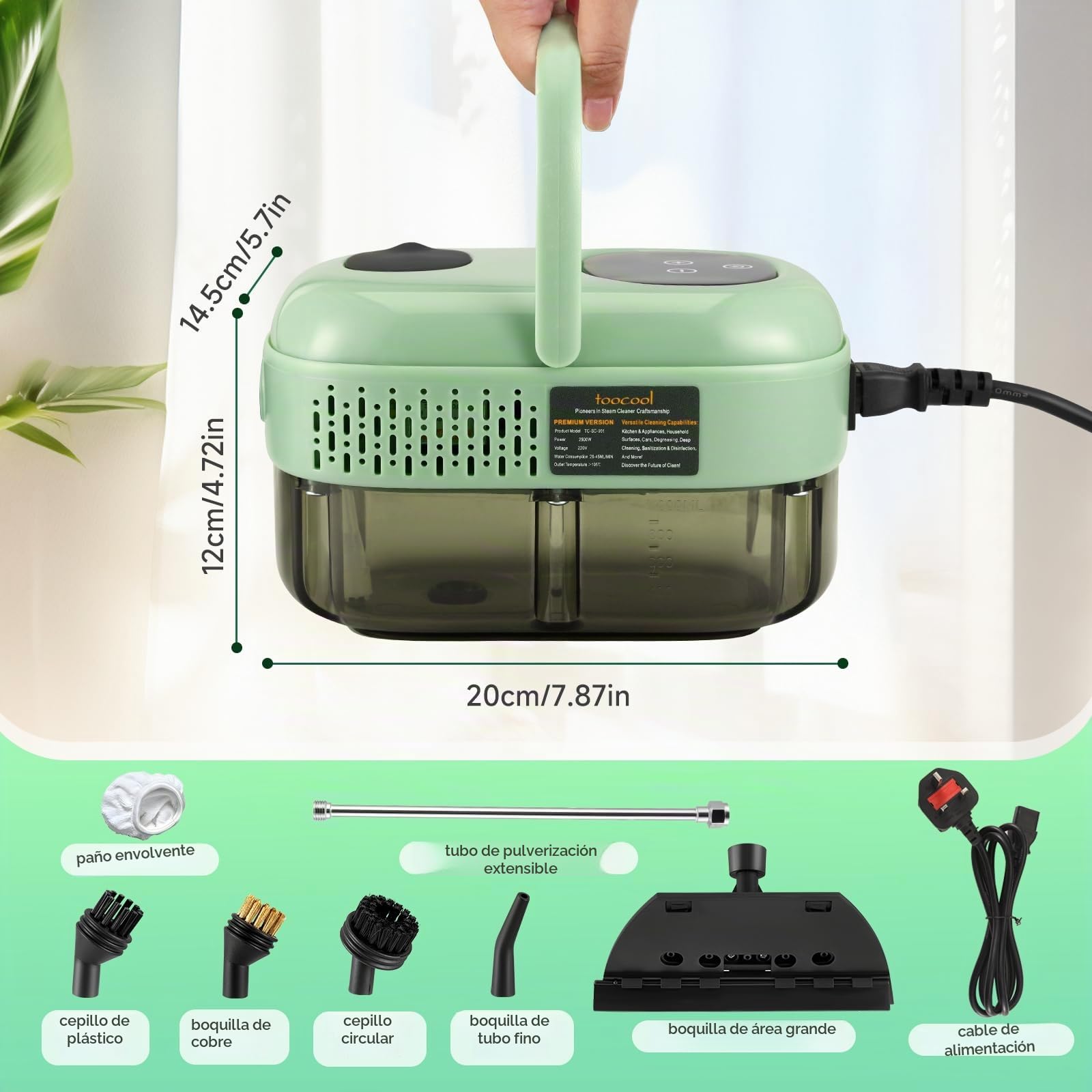 Limpiador a vapor portátil de 2500 W, 1100 ml, limpiador a vapor de alta presión con 3 cabezales de cepillo, limpiador a vapor de mano multifuncional para muebles de cocina, baño, coche (verde nuevo)