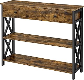 Yaheetech Industrial Wooden Console Sofa Table with Metal Frame, Rustic Brown Entry Table Sofa Side End Table with 1 Drawer and 2 Open Shelves, for Living Room and Corridor