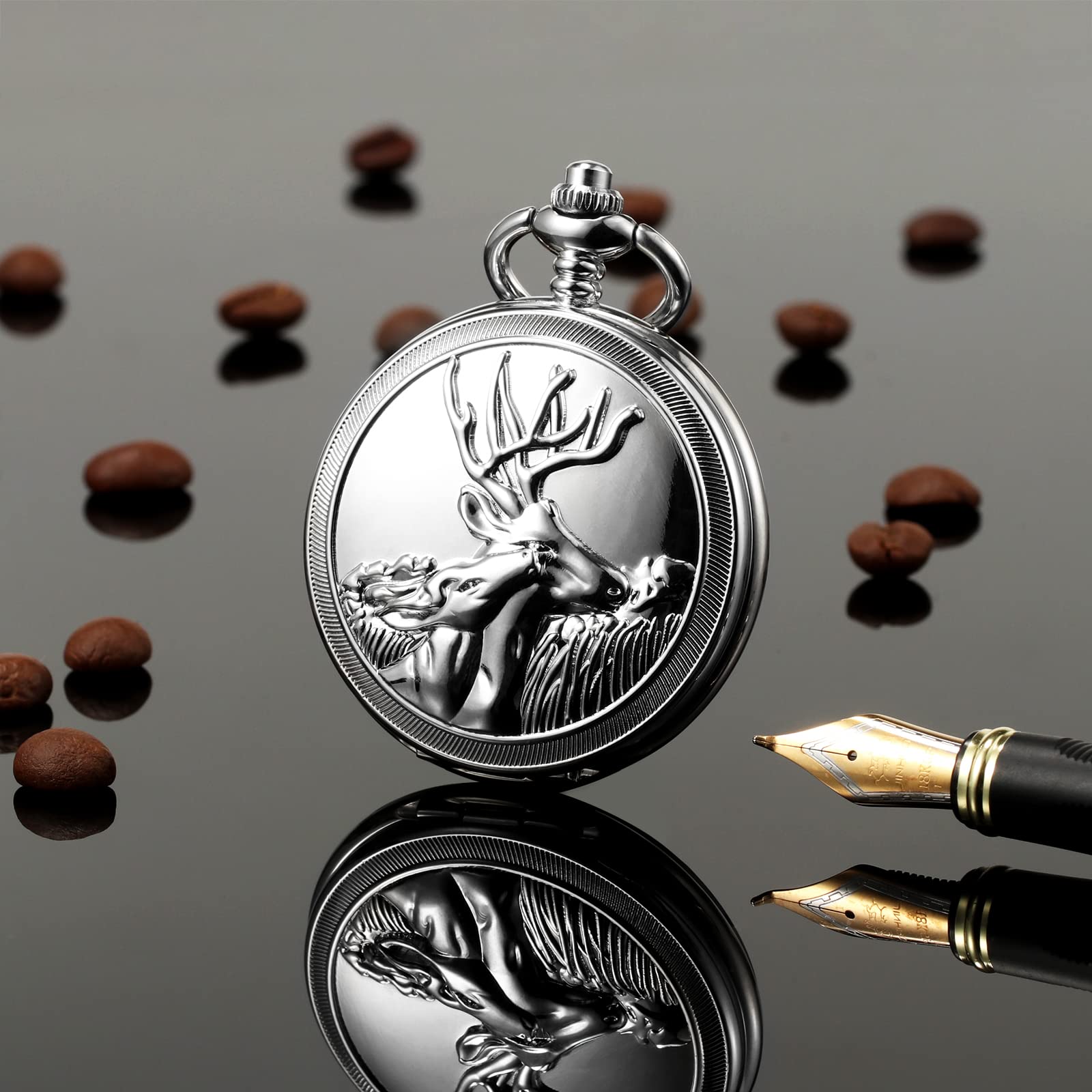 TREEWETO Orologio da tasca da uomo con renna e cervo per uomo e festa del papà, orologio meccanico vintage - anniversario per lui uomini marito, Argento
