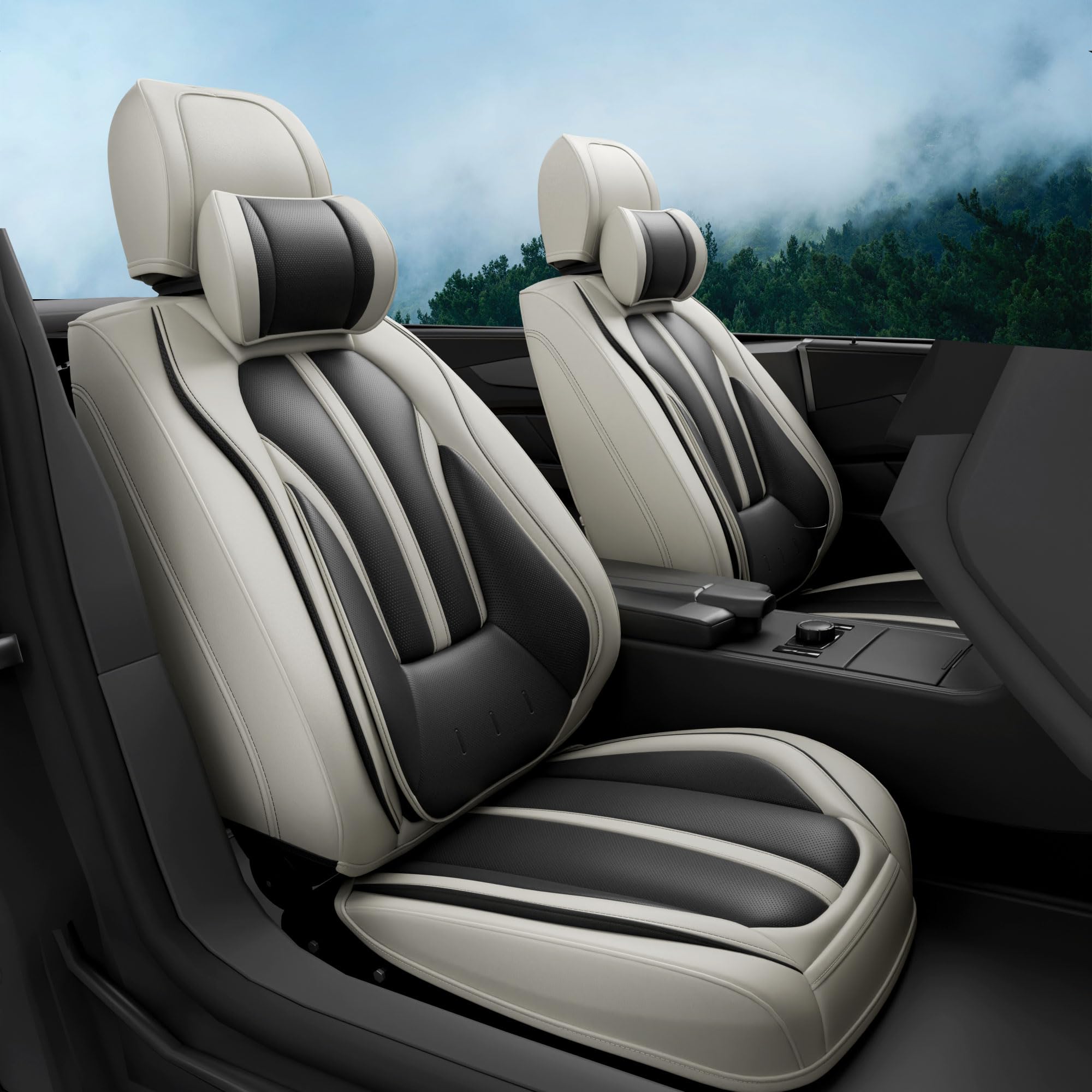 5pcs h7 front and back car seat covers auto interior accessories with water proof nappa leather for cars suv pick-up truck universal comfortable and breathable (full set, black&grey)