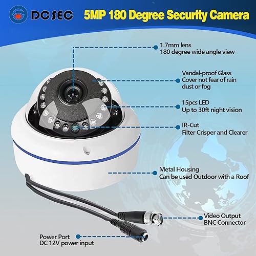 Miniatura 9 de HD 1080P 2MP 180 grados Cámara de seguridad de vigilancia coaxial con cable ojo de pez 0067in lente gran angular cámara domo para exteriores 4 en 1