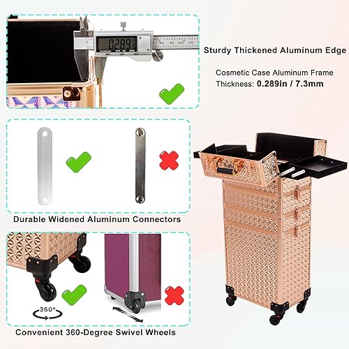 Miniatura 7 de Estuche de maquillaje profesional 5 en 1, estuche de aluminio para cosméticos, estuche de maquillaje con ruedas giratorias de 360 , Oro, Estuche de
