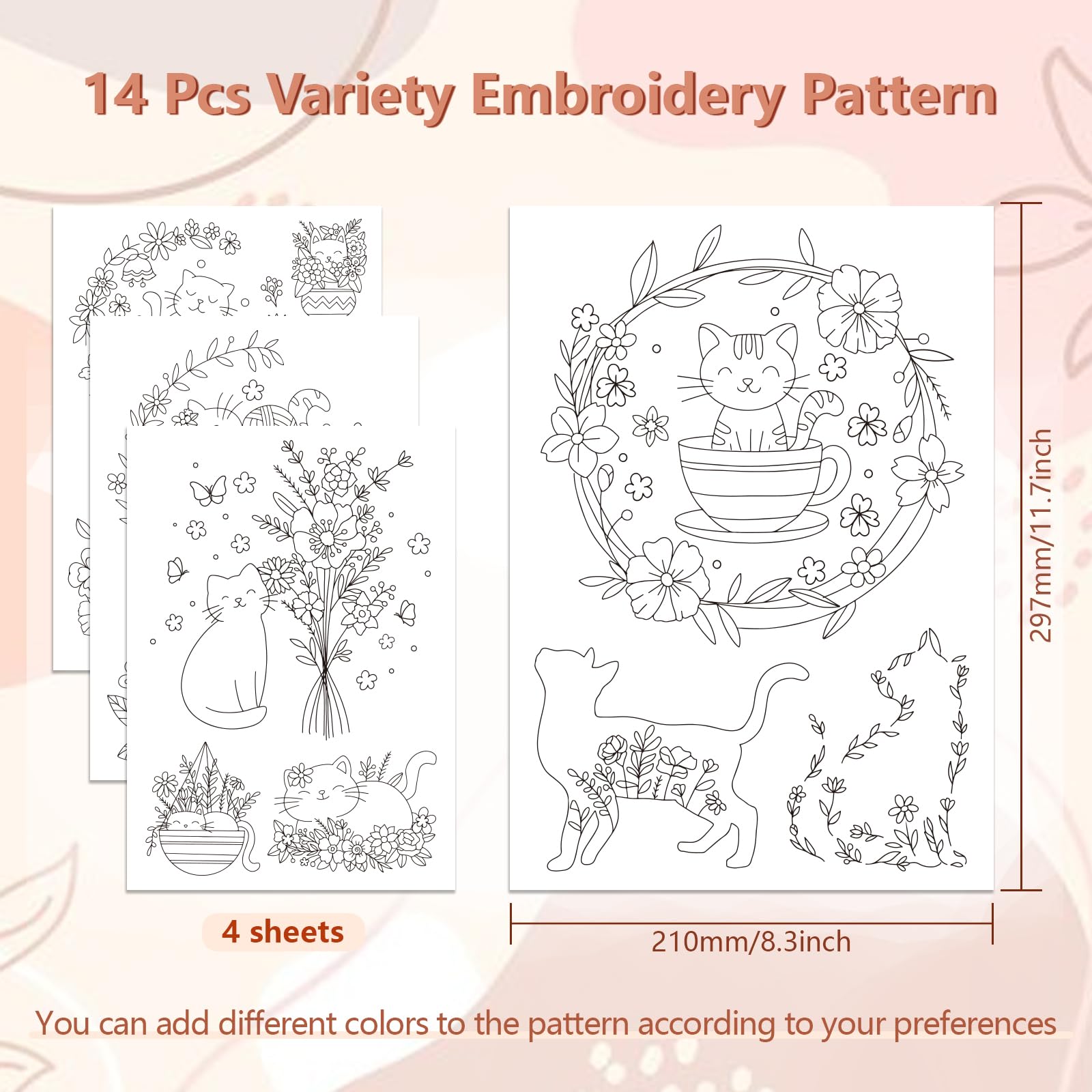 peacoblue Water Soluble Embroidery Patterns for Beginners 4 Sheets Cute Cat with Flower with 14pcs Patterns - Image 2