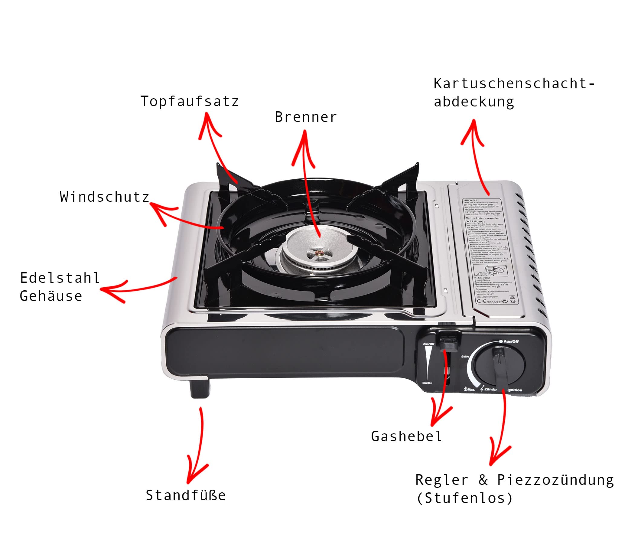 Clearfee Kuchenka gazowa Deluxe ze stali nierdzewnej, przenośna kuchenka kempingowa, kartusze gazowe, zestaw kuchenek gazowych (kuchenka gazowa + 16 wkładów gazowych)