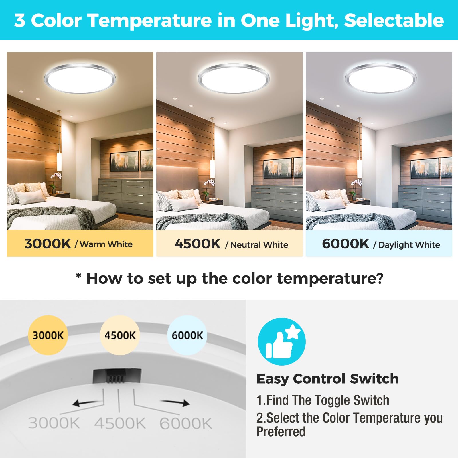 libtit 33CM Flush Mount Ceiling Light, 24W 2400Lm Bright Light Fixture Brushed Nickel - Image 3