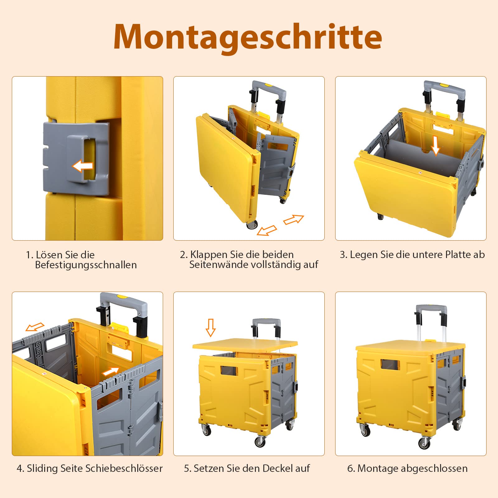 Einkaufstrolley Klappbar, Transport Trolley, bis 50 kg, 50 l Kiste, Einkaufskorb mit Deckel, Ausziehbarer Alu Ausziehgriff, 4 um 360° Drehbare Metallrad, 103 x 43 x 38 cm (Gelb Grau)