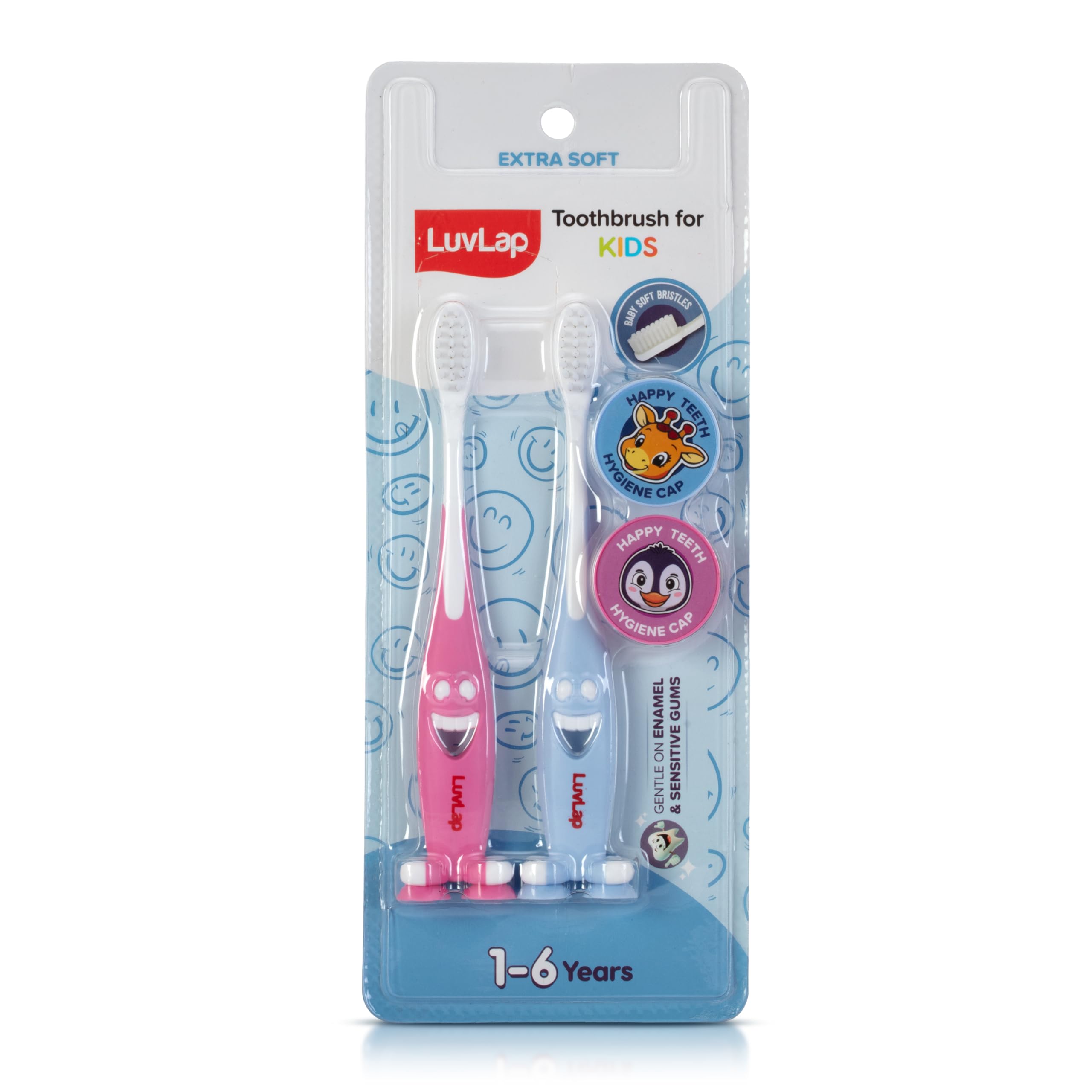 LuvLap Smiley Baby Toothbrush with Extra Soft Bristles, Gentle on Enamel, Easy To Hold, Rounded Head Brush For Kids with Hygiene Cap, BPA Free, Toothbrush for Kids, Baby Brush for 1+ Years, Pack Of 2-image-8